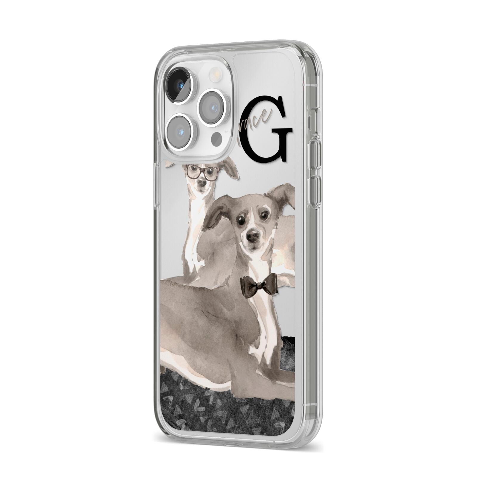 Personalised Italian Greyhound iPhone 14 Pro Max Clear Tough Case Silver Angled Image