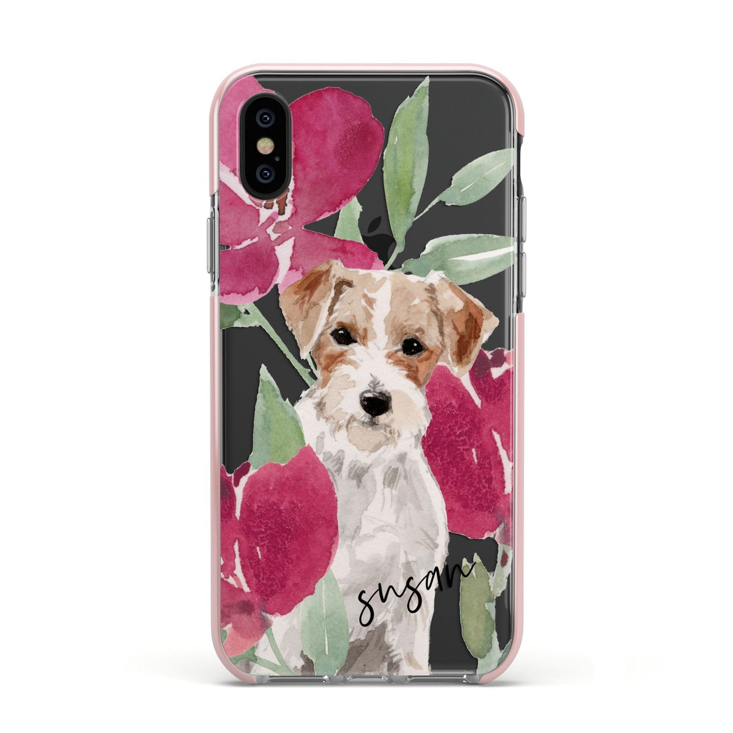 Personalised Jack Russel Apple iPhone Xs Impact Case Pink Edge on Black Phone