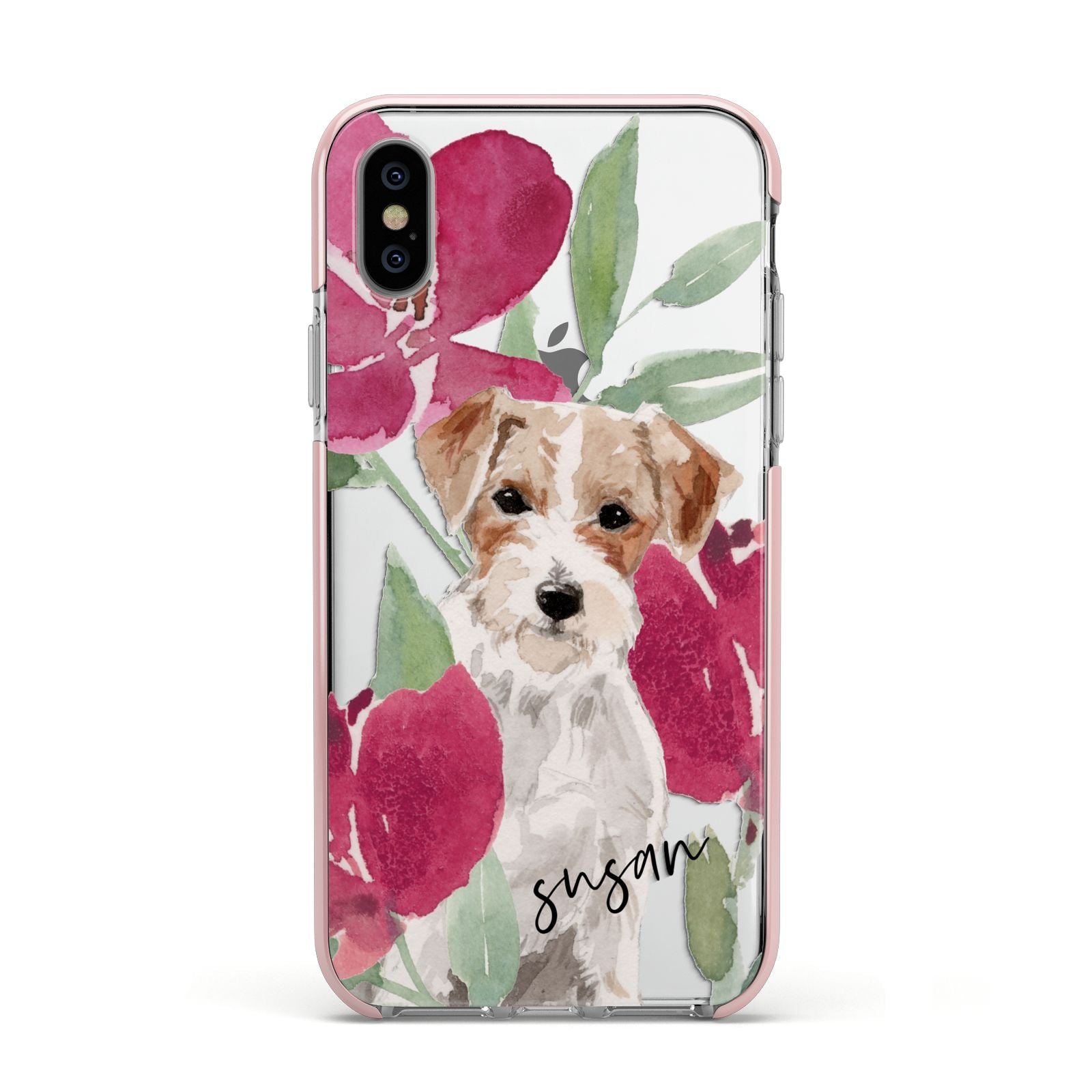 Personalised Jack Russel Apple iPhone Xs Impact Case Pink Edge on Silver Phone