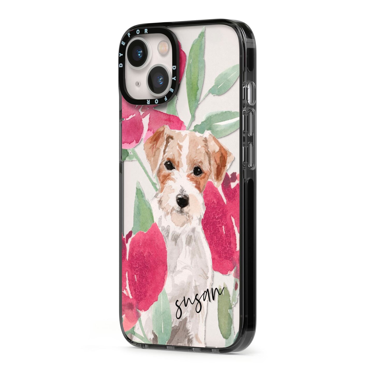 Personalised Jack Russel iPhone 13 Black Impact Case Side Angle on Silver phone