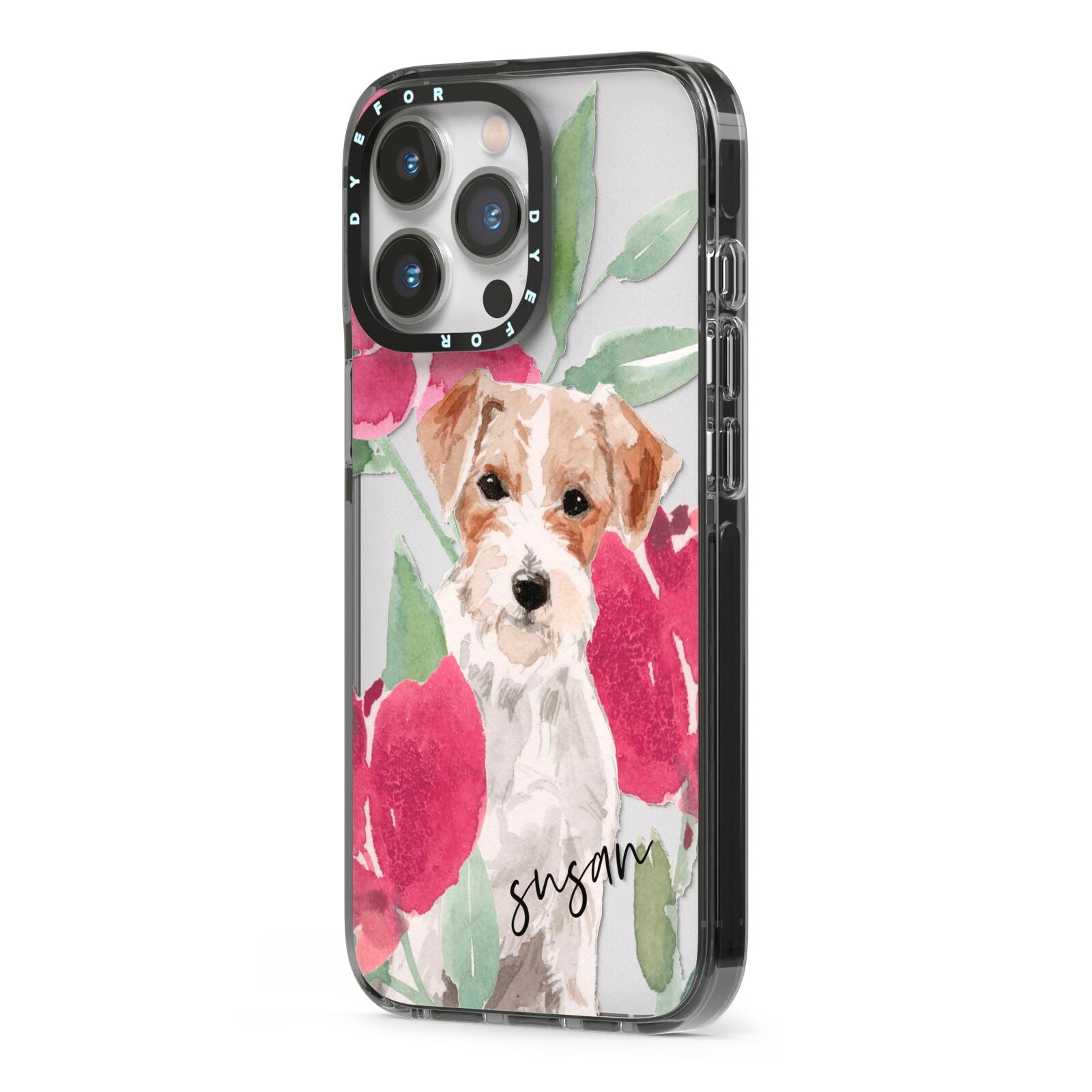 Personalised Jack Russel iPhone 13 Pro Black Impact Case Side Angle on Silver phone