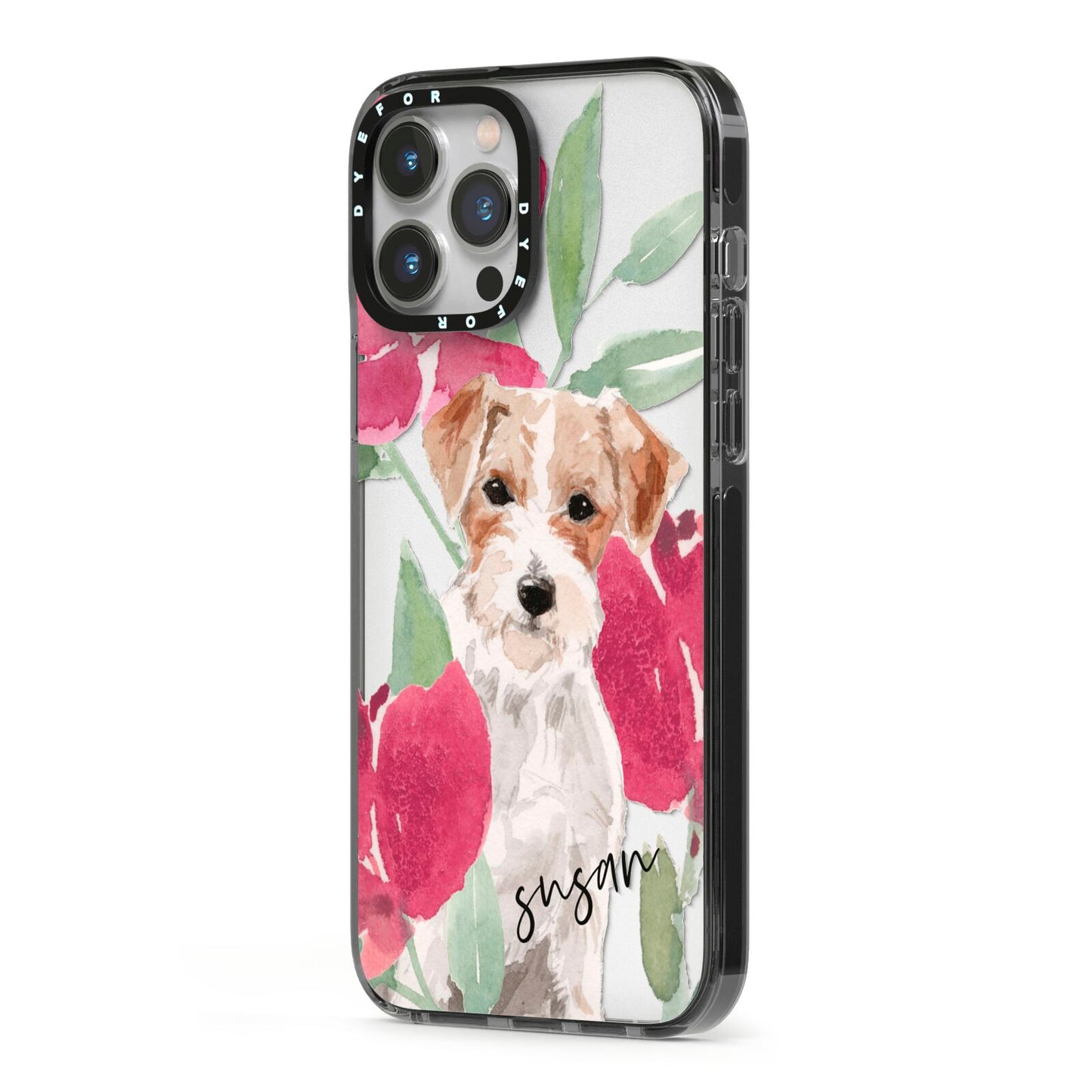 Personalised Jack Russel iPhone 13 Pro Max Black Impact Case Side Angle on Silver phone