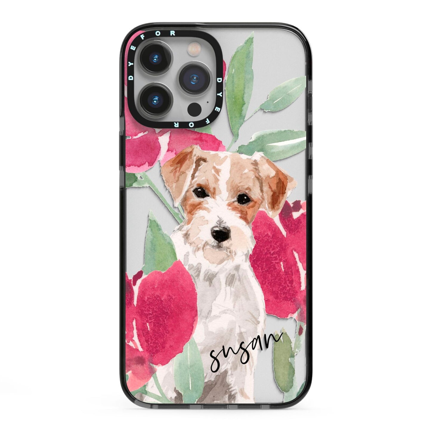 Personalised Jack Russel iPhone 13 Pro Max Black Impact Case on Silver phone