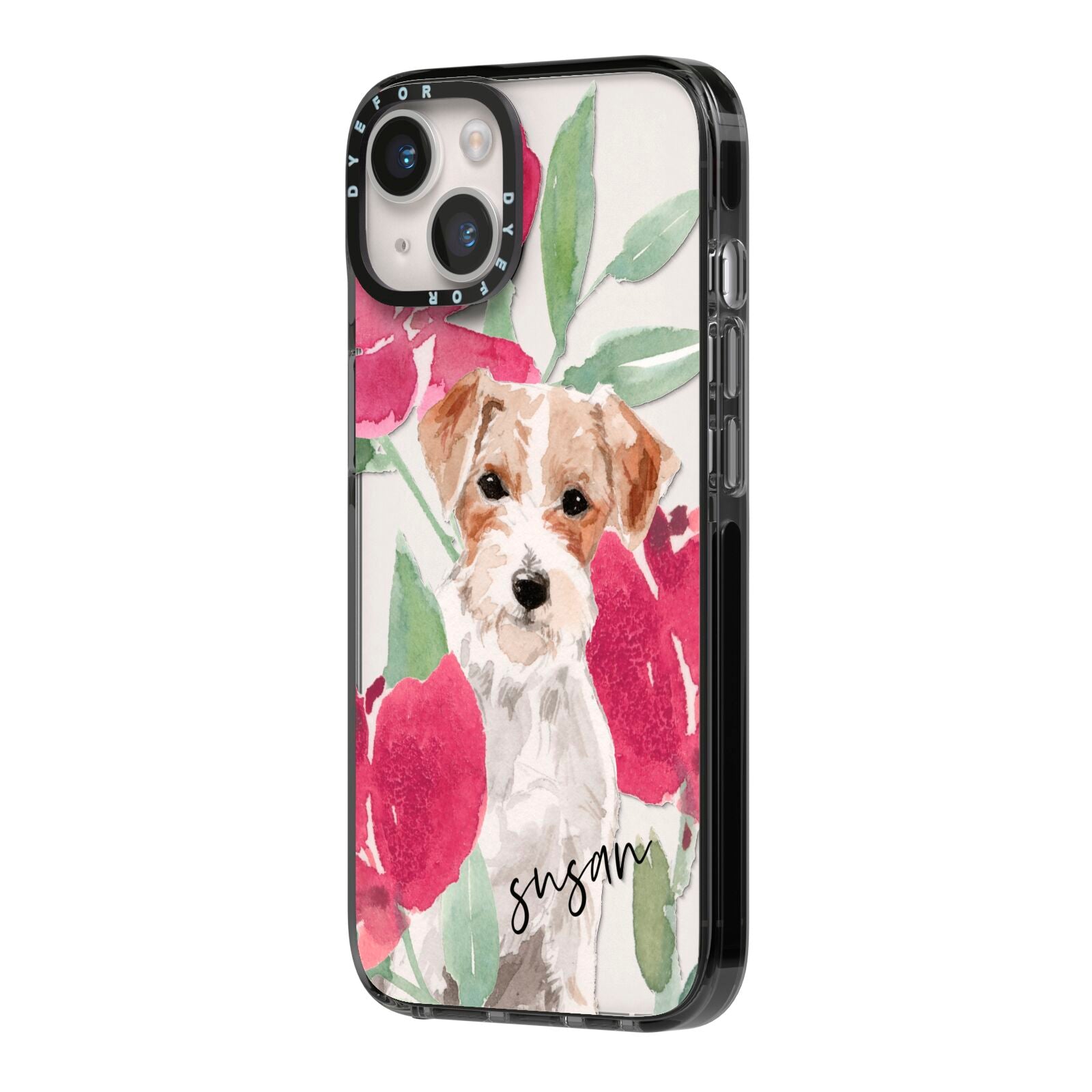 Personalised Jack Russel iPhone 14 Black Impact Case Side Angle on Silver phone