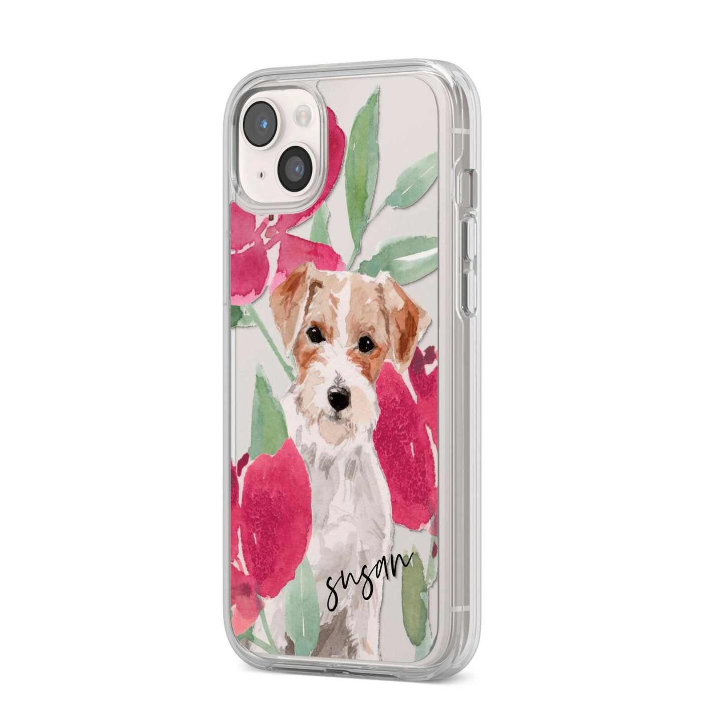 Personalised Jack Russel iPhone 14 Plus Clear Tough Case Starlight Angled Image