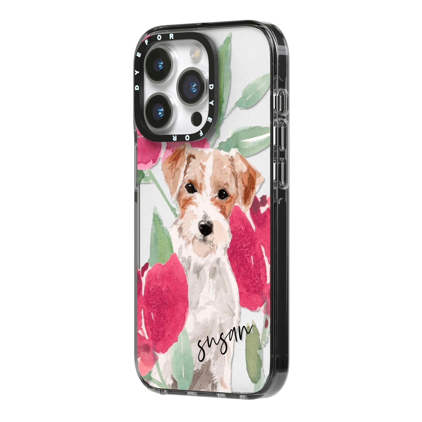 Personalised Jack Russel iPhone 14 Pro Black Impact Case Side Angle on Silver phone