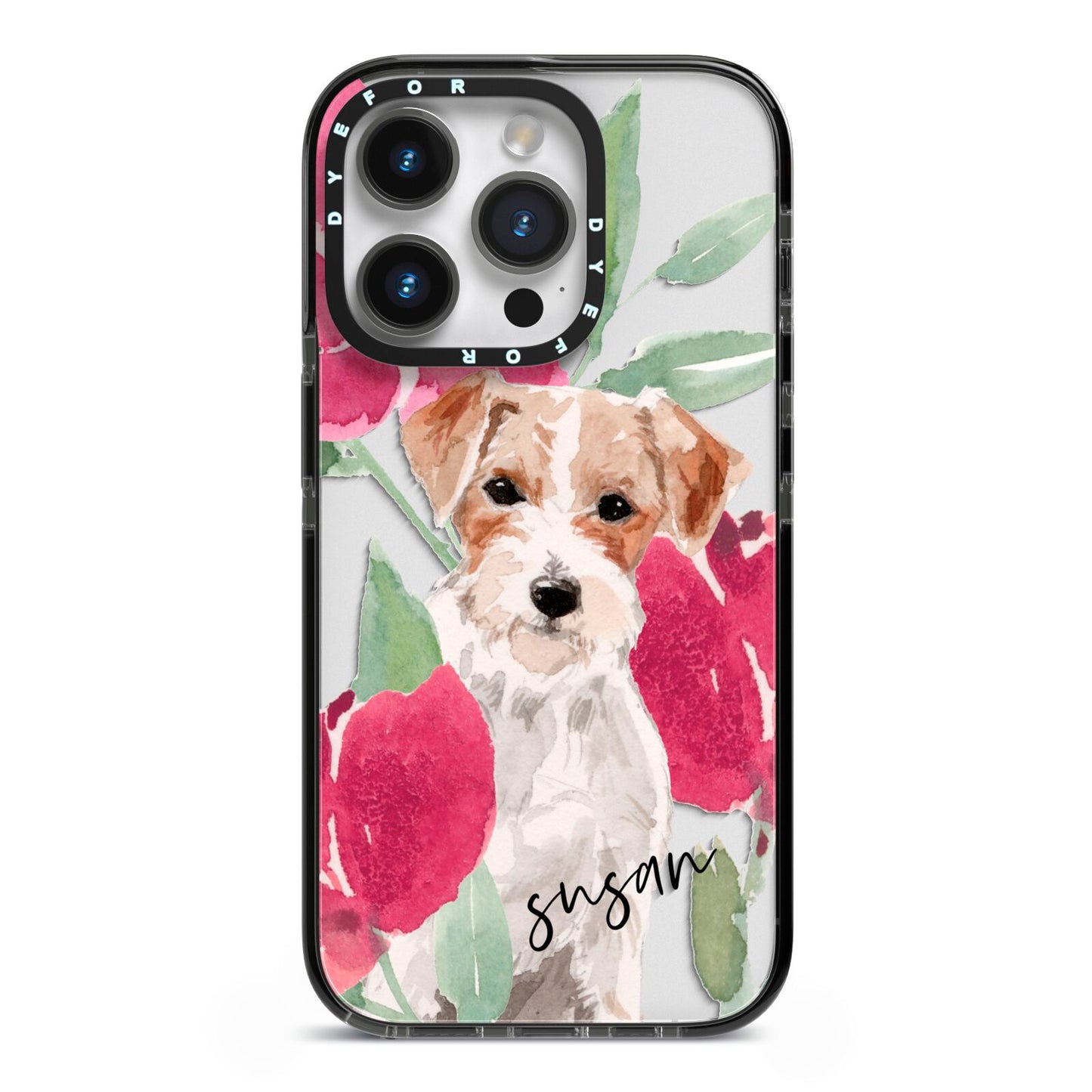 Personalised Jack Russel iPhone 14 Pro Black Impact Case on Silver phone