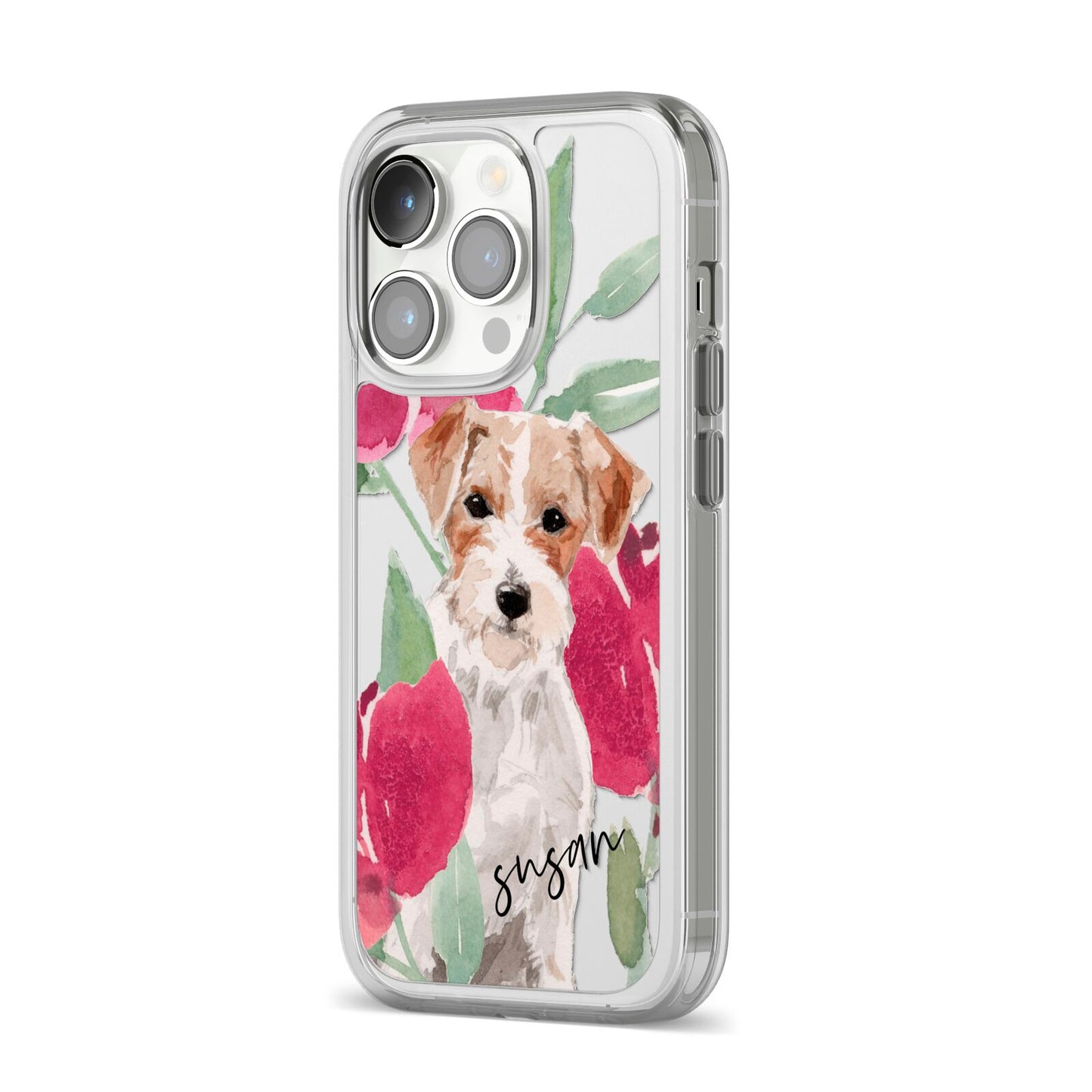Personalised Jack Russel iPhone 14 Pro Clear Tough Case Silver Angled Image