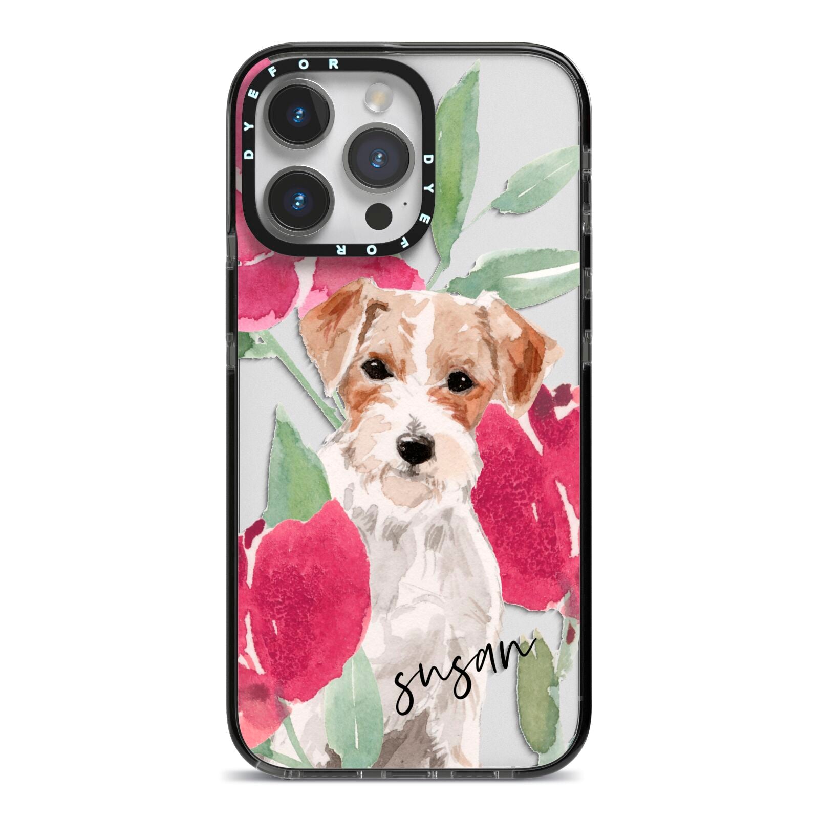 Personalised Jack Russel iPhone 14 Pro Max Black Impact Case on Silver phone