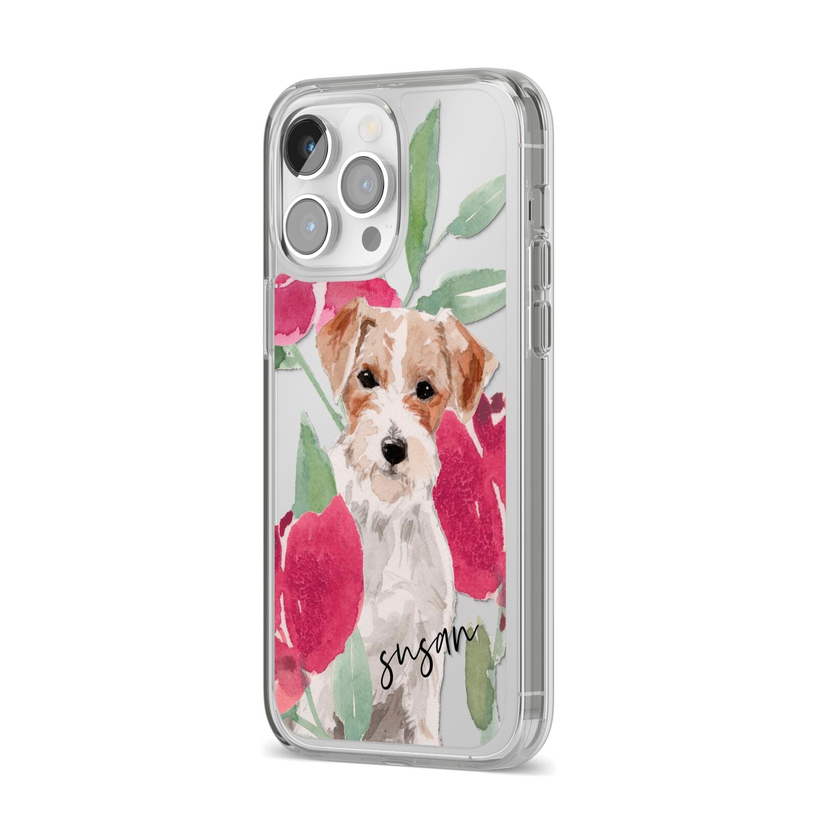 Personalised Jack Russel iPhone 14 Pro Max Clear Tough Case Silver Angled Image