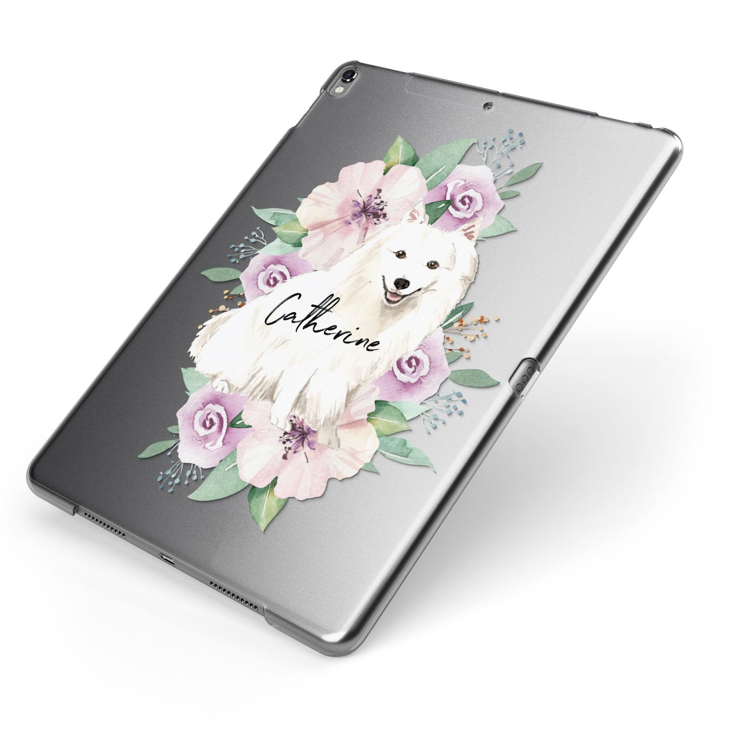 Personalised Japanese Spitz Apple iPad Case on Grey iPad Side View