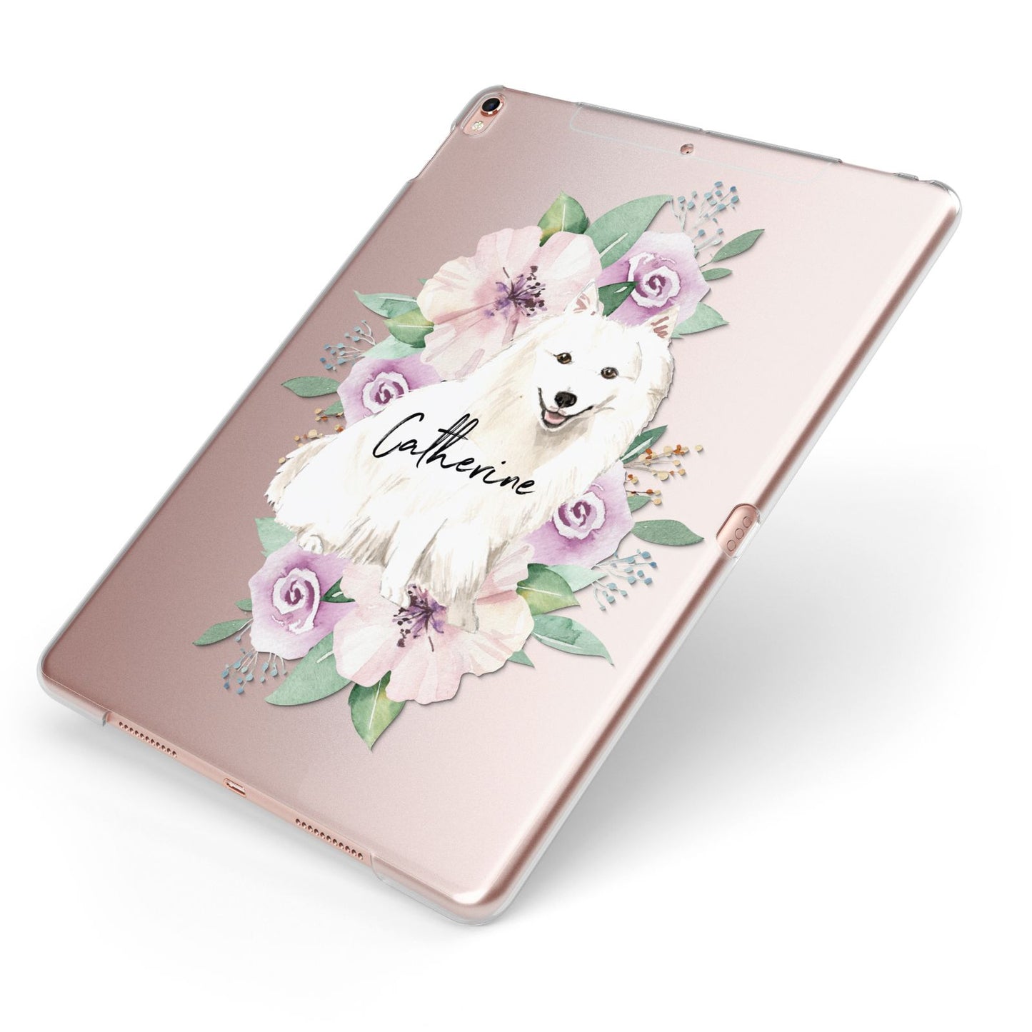 Personalised Japanese Spitz Apple iPad Case on Rose Gold iPad Side View