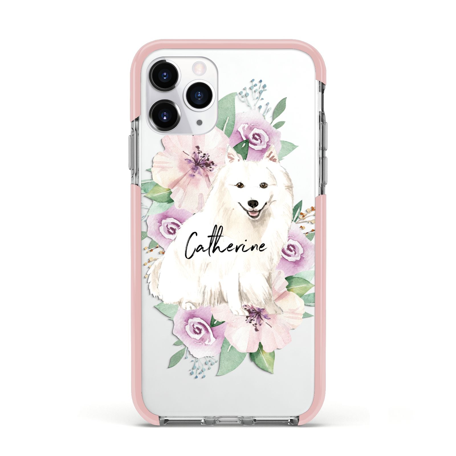 Personalised Japanese Spitz Apple iPhone 11 Pro in Silver with Pink Impact Case