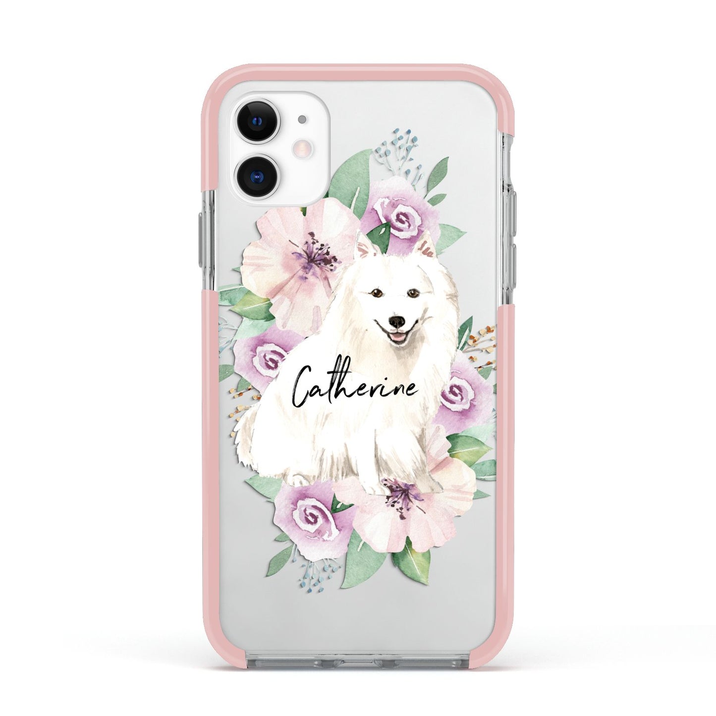 Personalised Japanese Spitz Apple iPhone 11 in White with Pink Impact Case