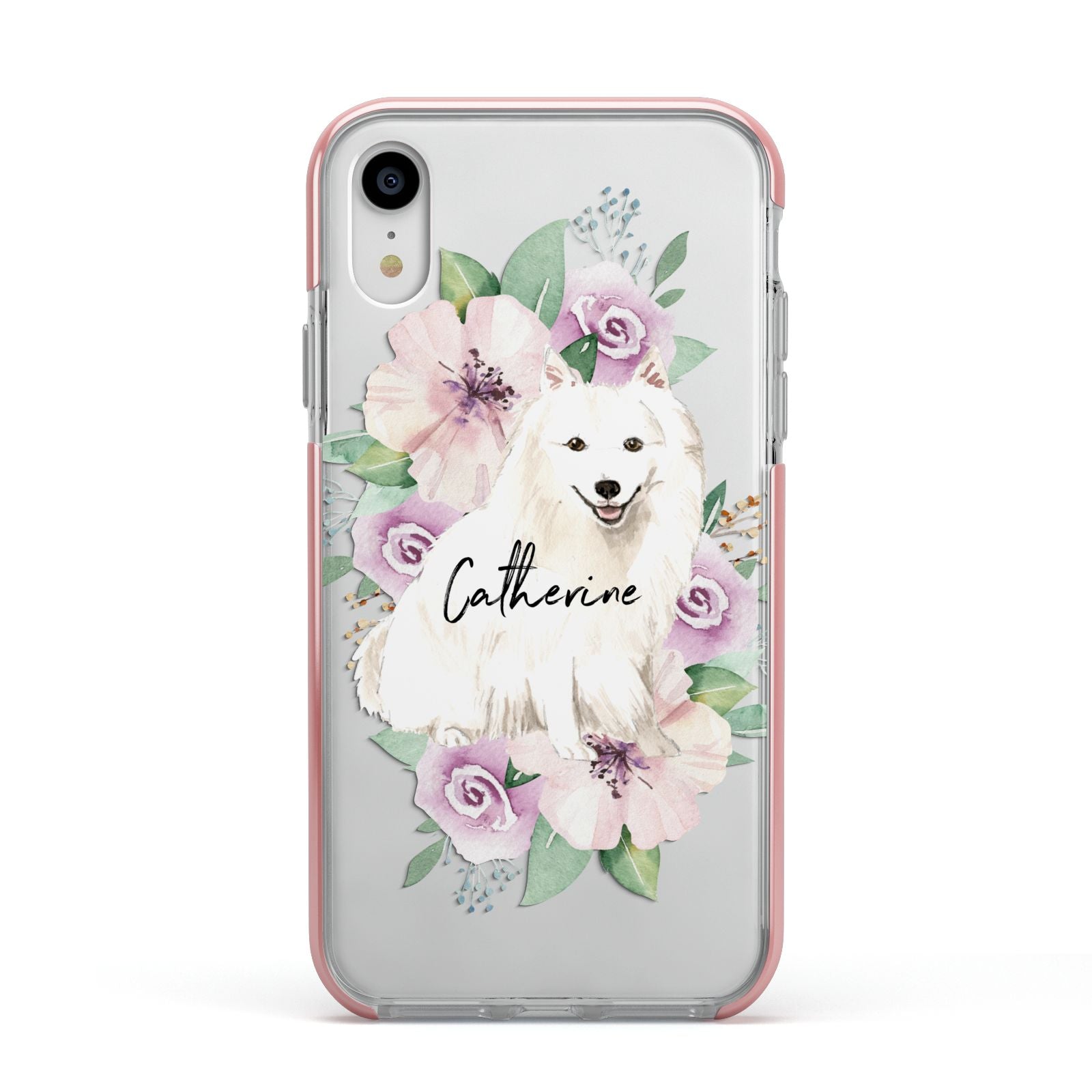 Personalised Japanese Spitz Apple iPhone XR Impact Case Pink Edge on Silver Phone