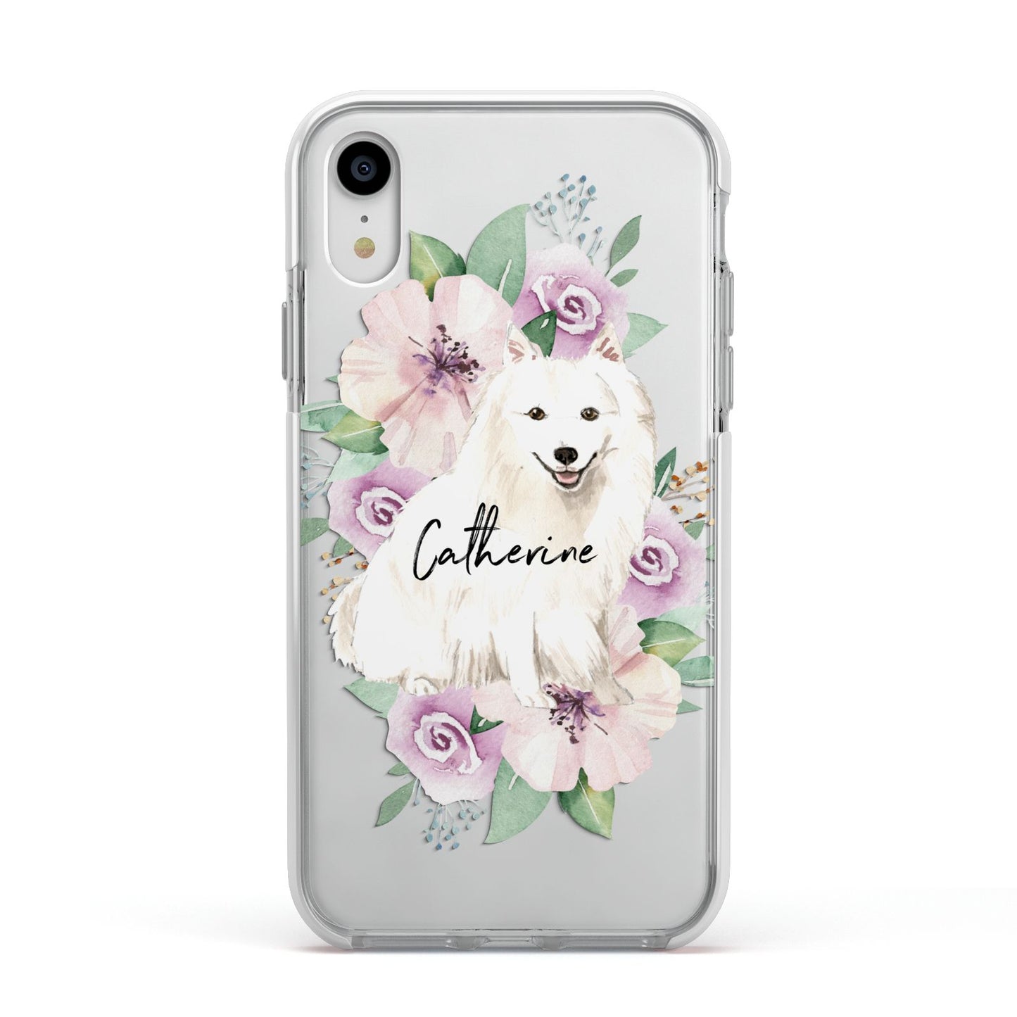 Personalised Japanese Spitz Apple iPhone XR Impact Case White Edge on Silver Phone