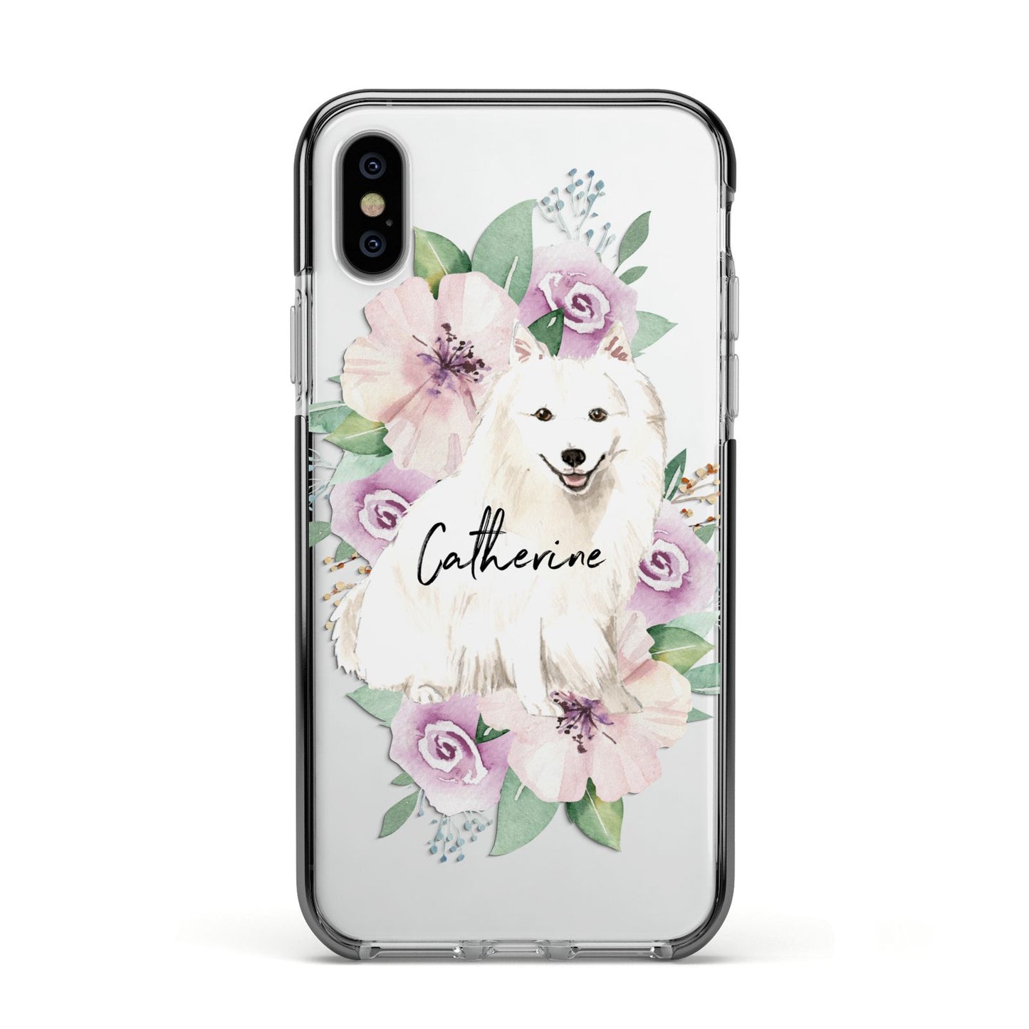 Personalised Japanese Spitz Apple iPhone Xs Impact Case Black Edge on Silver Phone