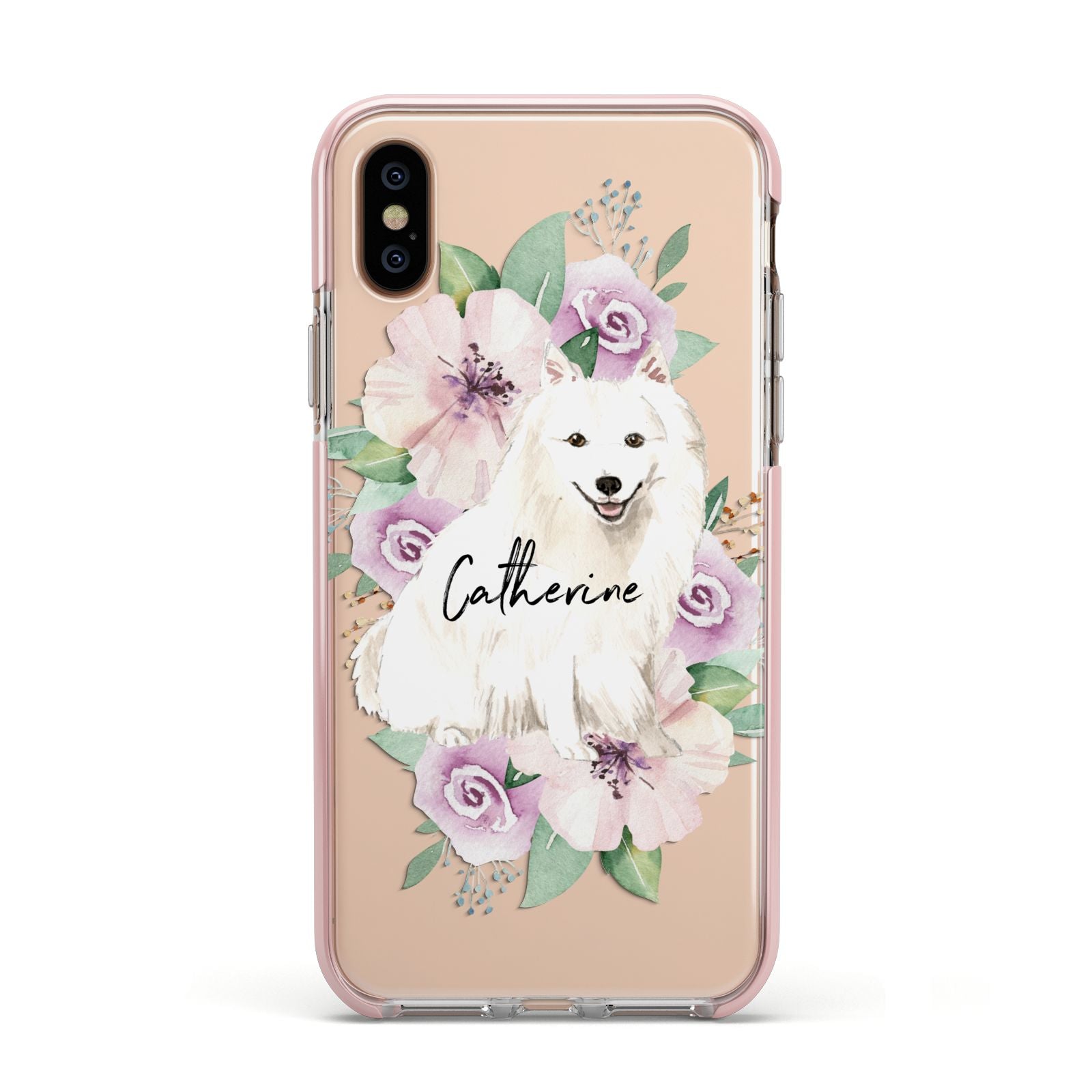 Personalised Japanese Spitz Apple iPhone Xs Impact Case Pink Edge on Gold Phone