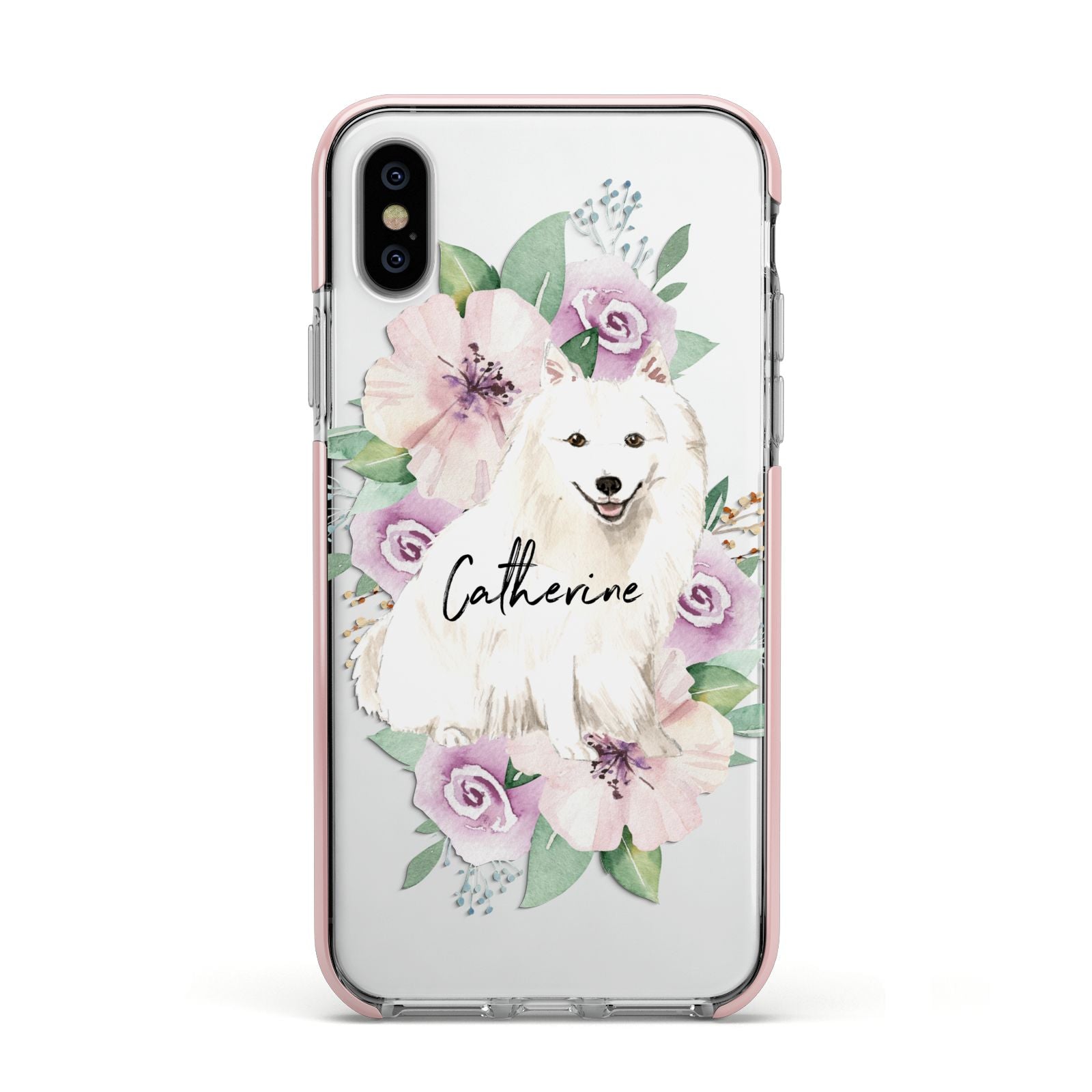 Personalised Japanese Spitz Apple iPhone Xs Impact Case Pink Edge on Silver Phone