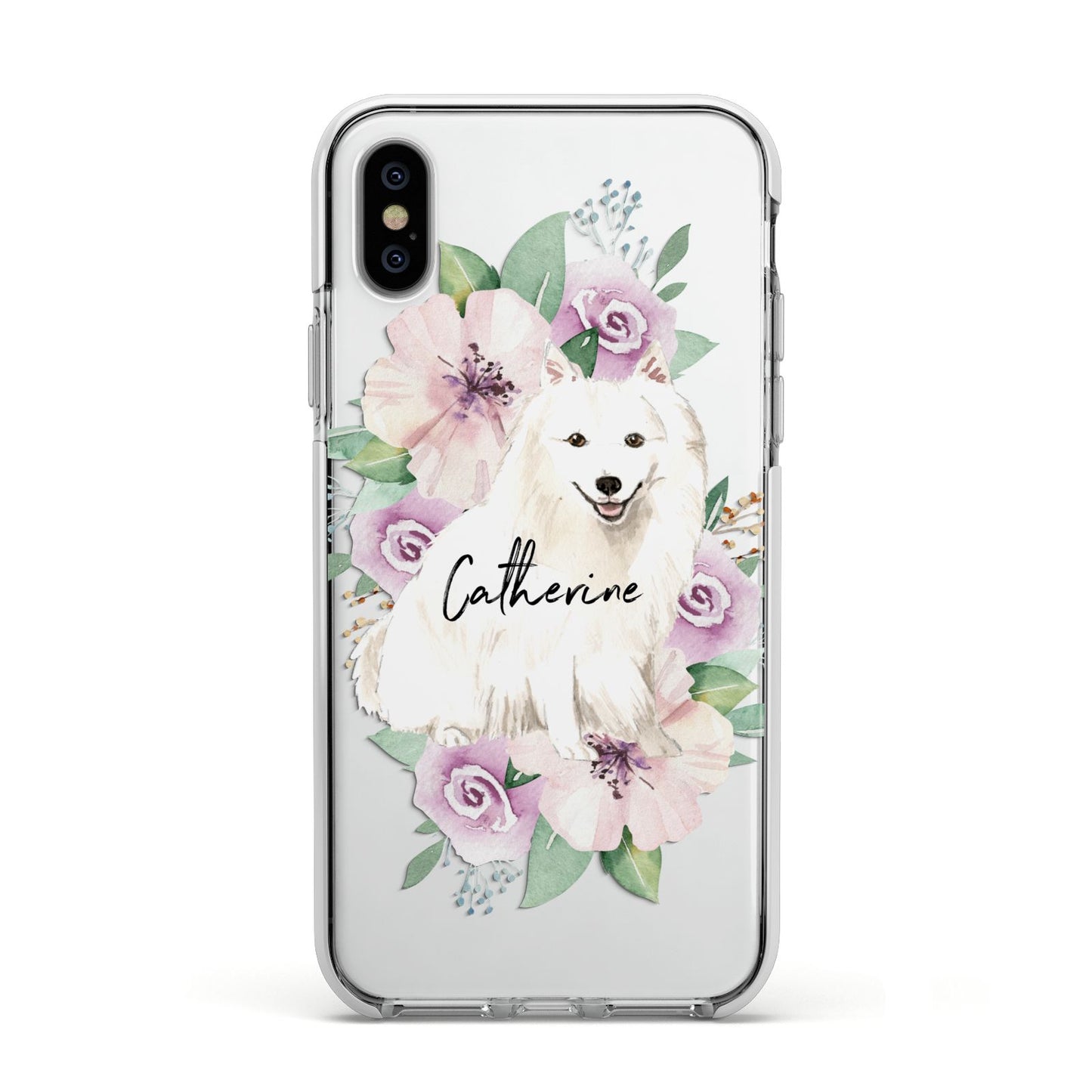 Personalised Japanese Spitz Apple iPhone Xs Impact Case White Edge on Silver Phone