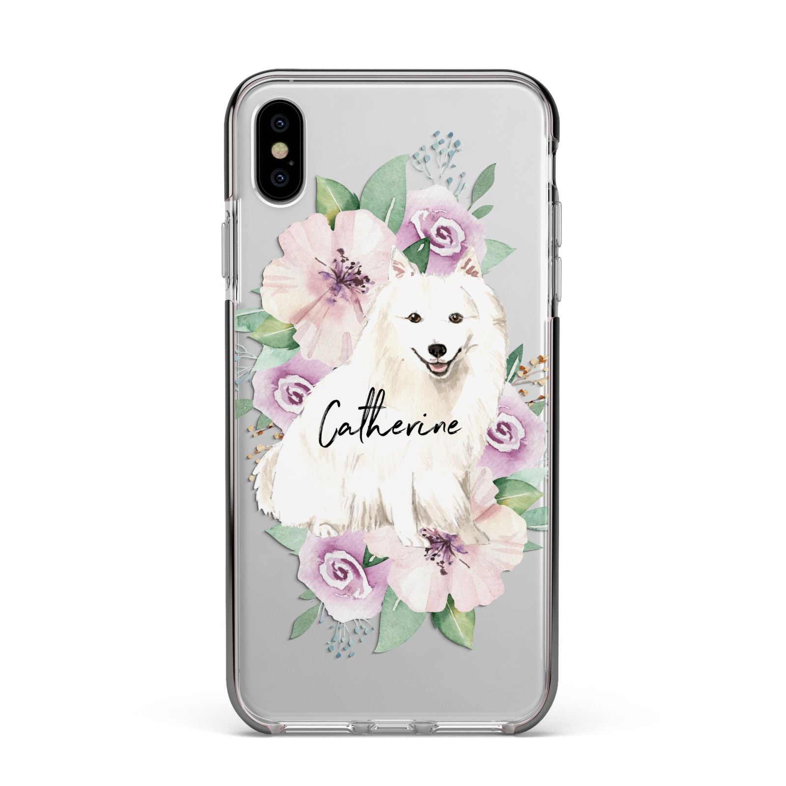 Personalised Japanese Spitz Apple iPhone Xs Max Impact Case Black Edge on Silver Phone