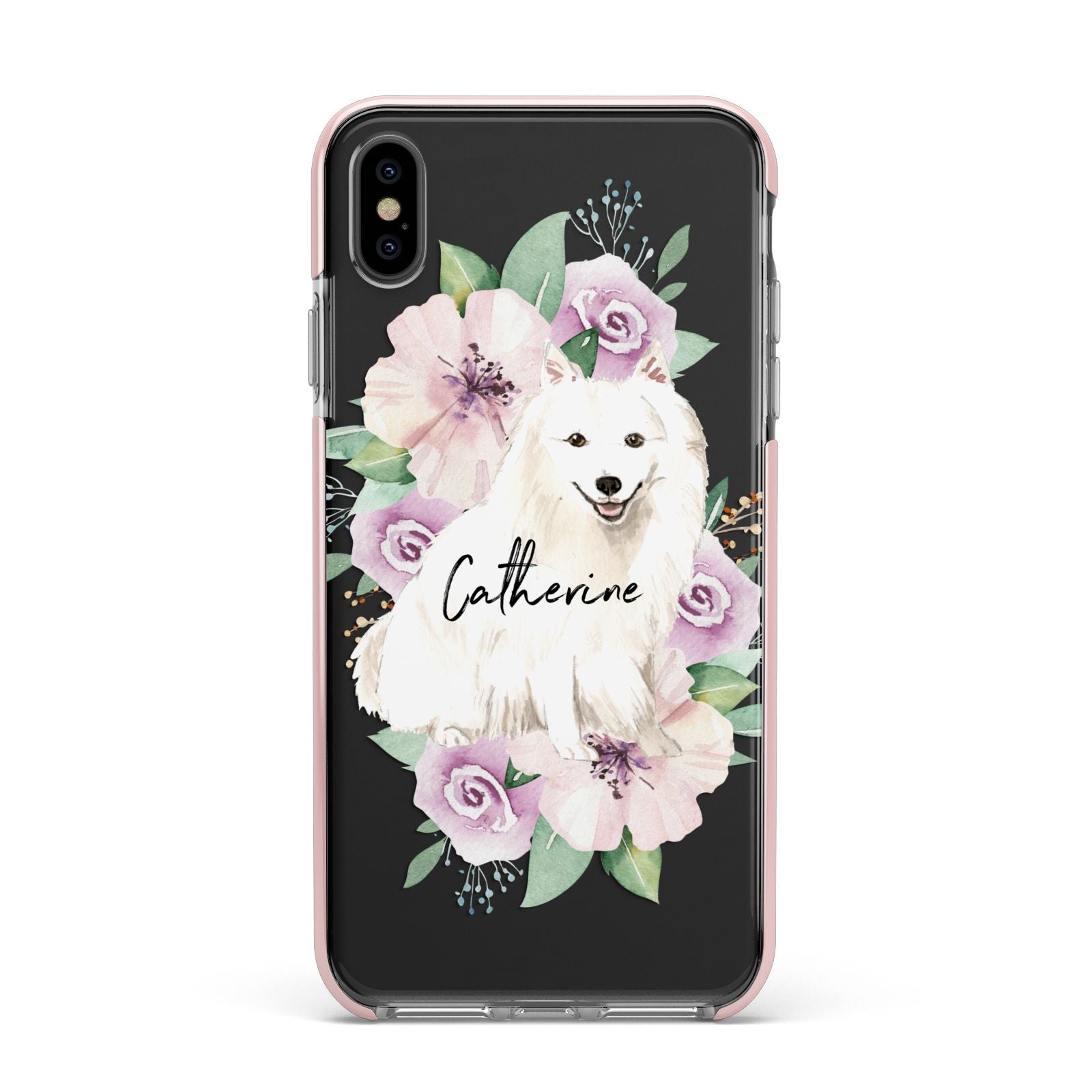 Personalised Japanese Spitz Apple iPhone Xs Max Impact Case Pink Edge on Black Phone