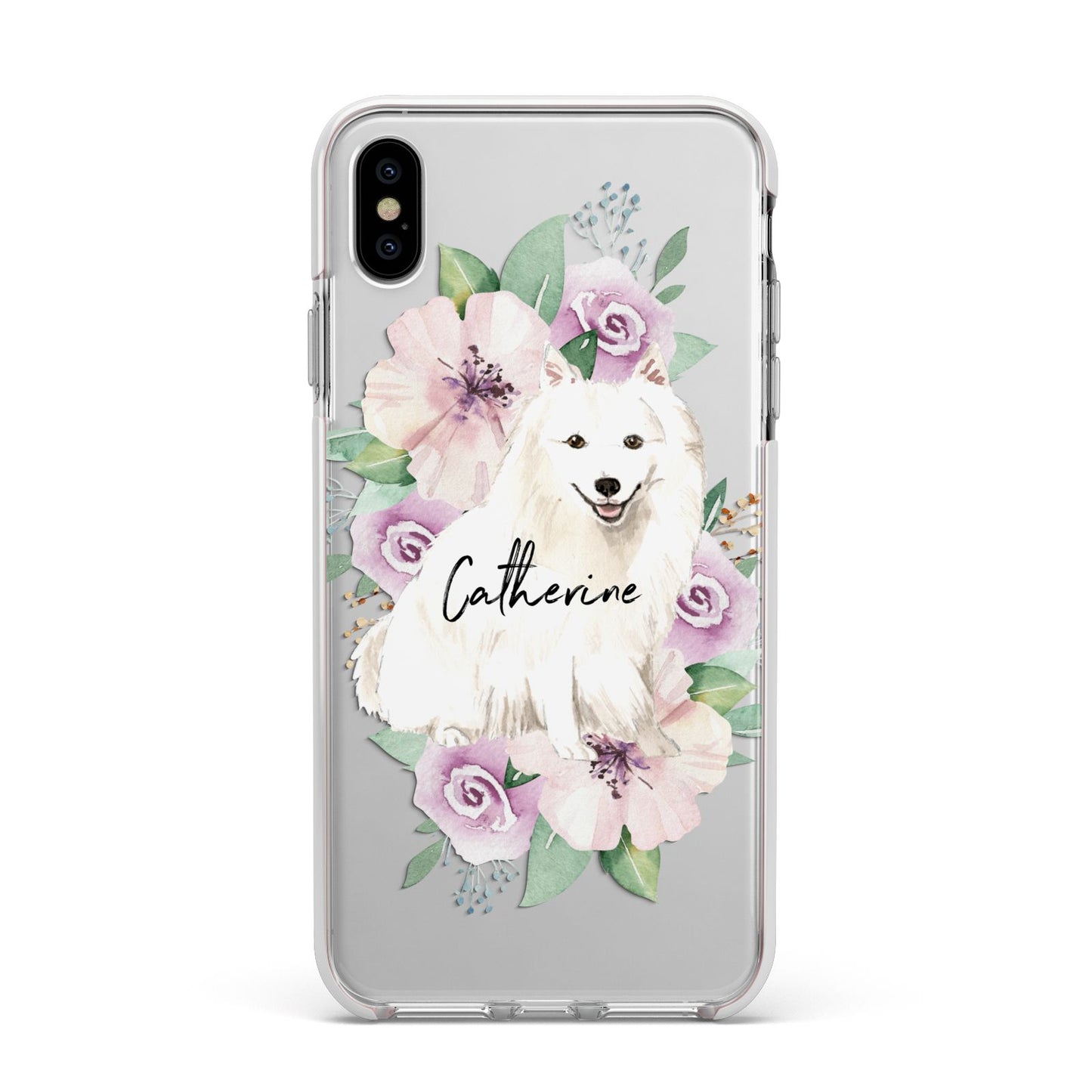 Personalised Japanese Spitz Apple iPhone Xs Max Impact Case White Edge on Silver Phone