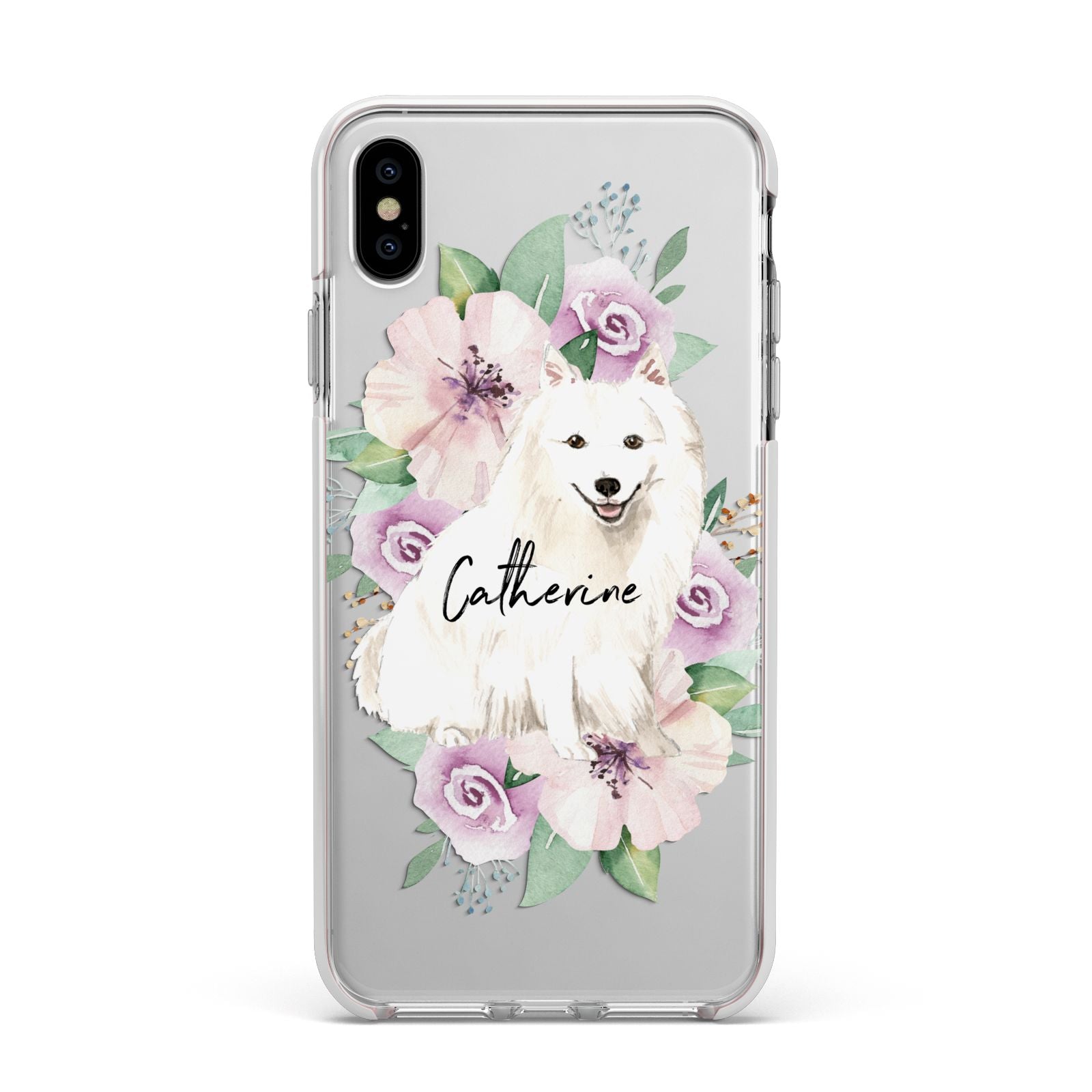 Personalised Japanese Spitz Apple iPhone Xs Max Impact Case White Edge on Silver Phone