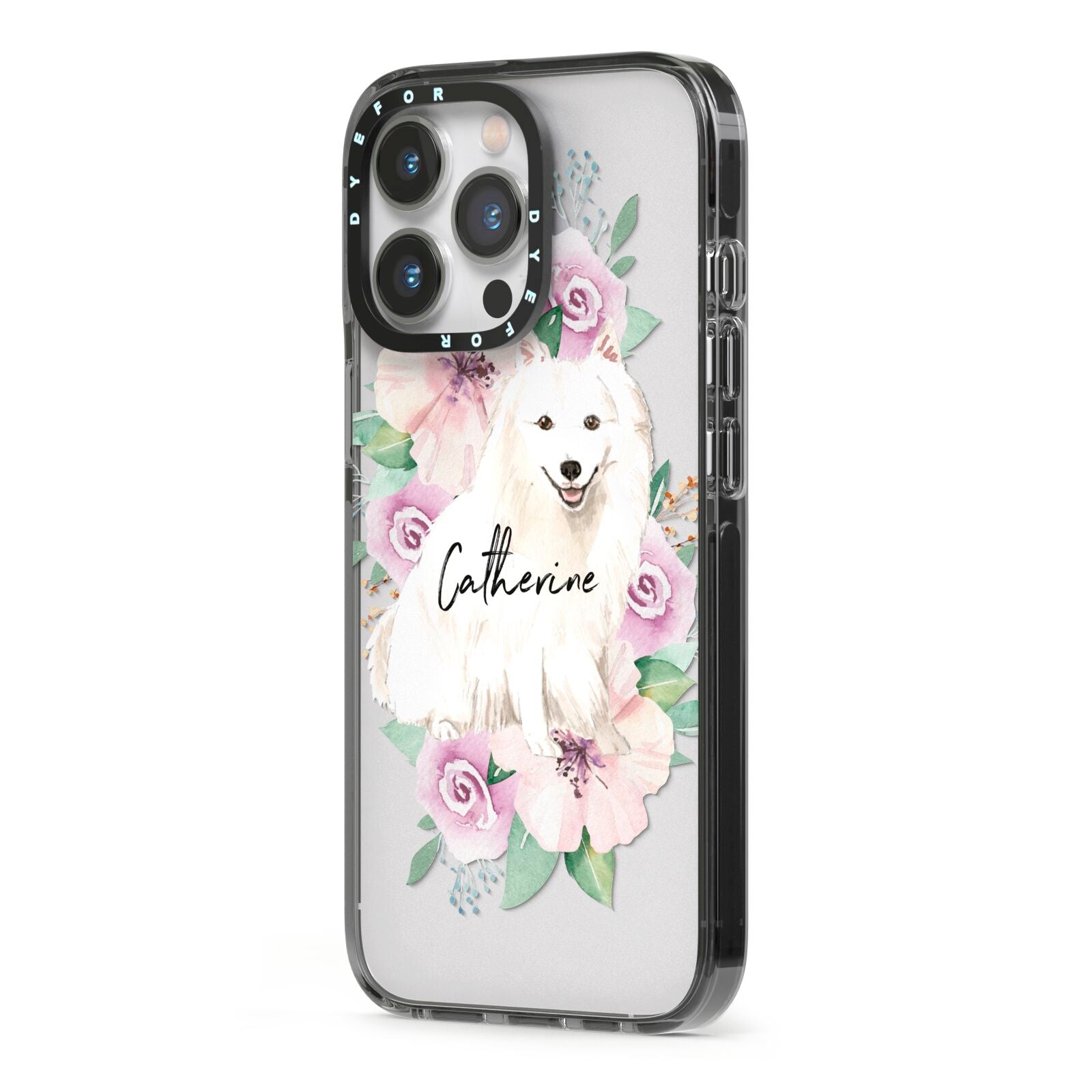 Personalised Japanese Spitz iPhone 13 Pro Black Impact Case Side Angle on Silver phone