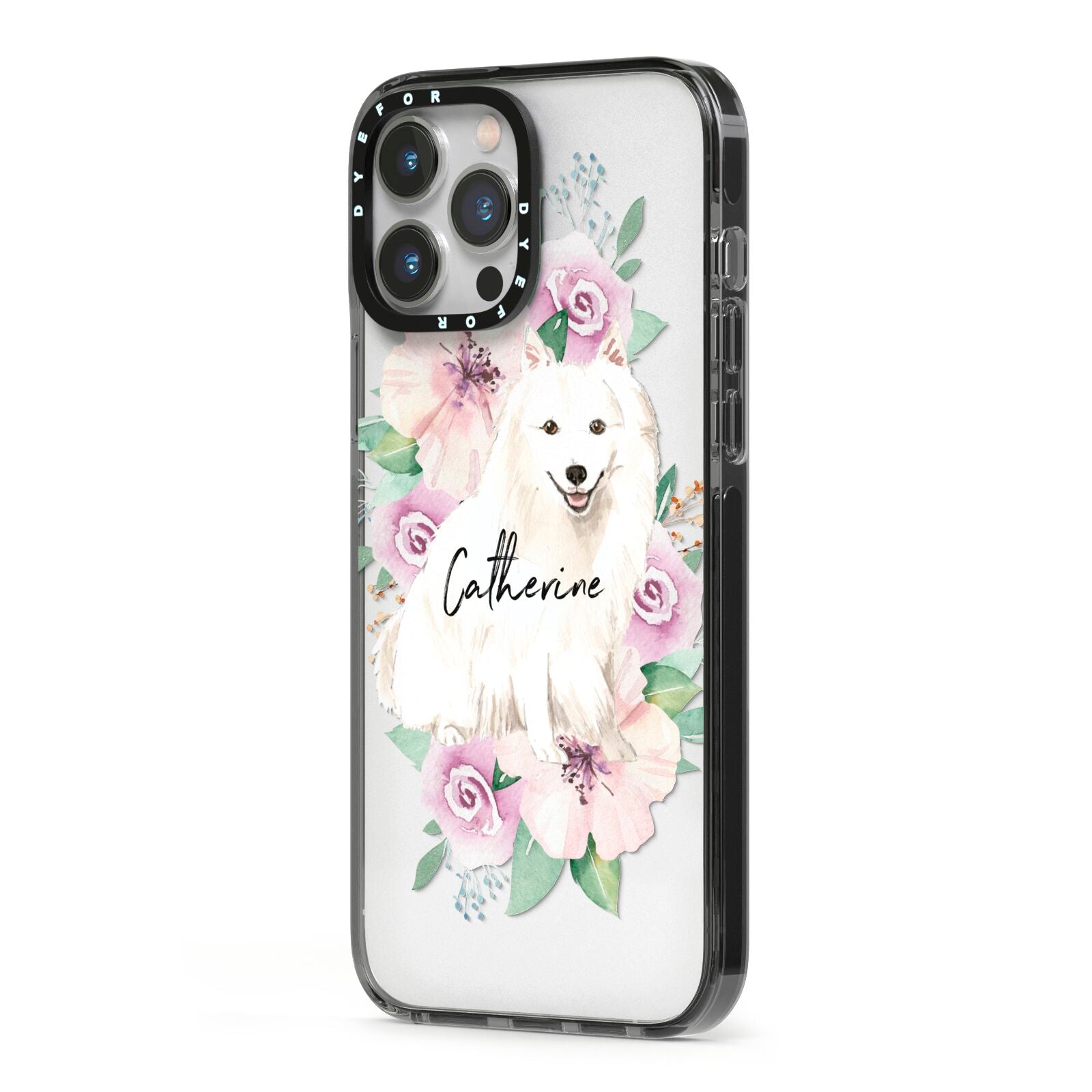 Personalised Japanese Spitz iPhone 13 Pro Max Black Impact Case Side Angle on Silver phone