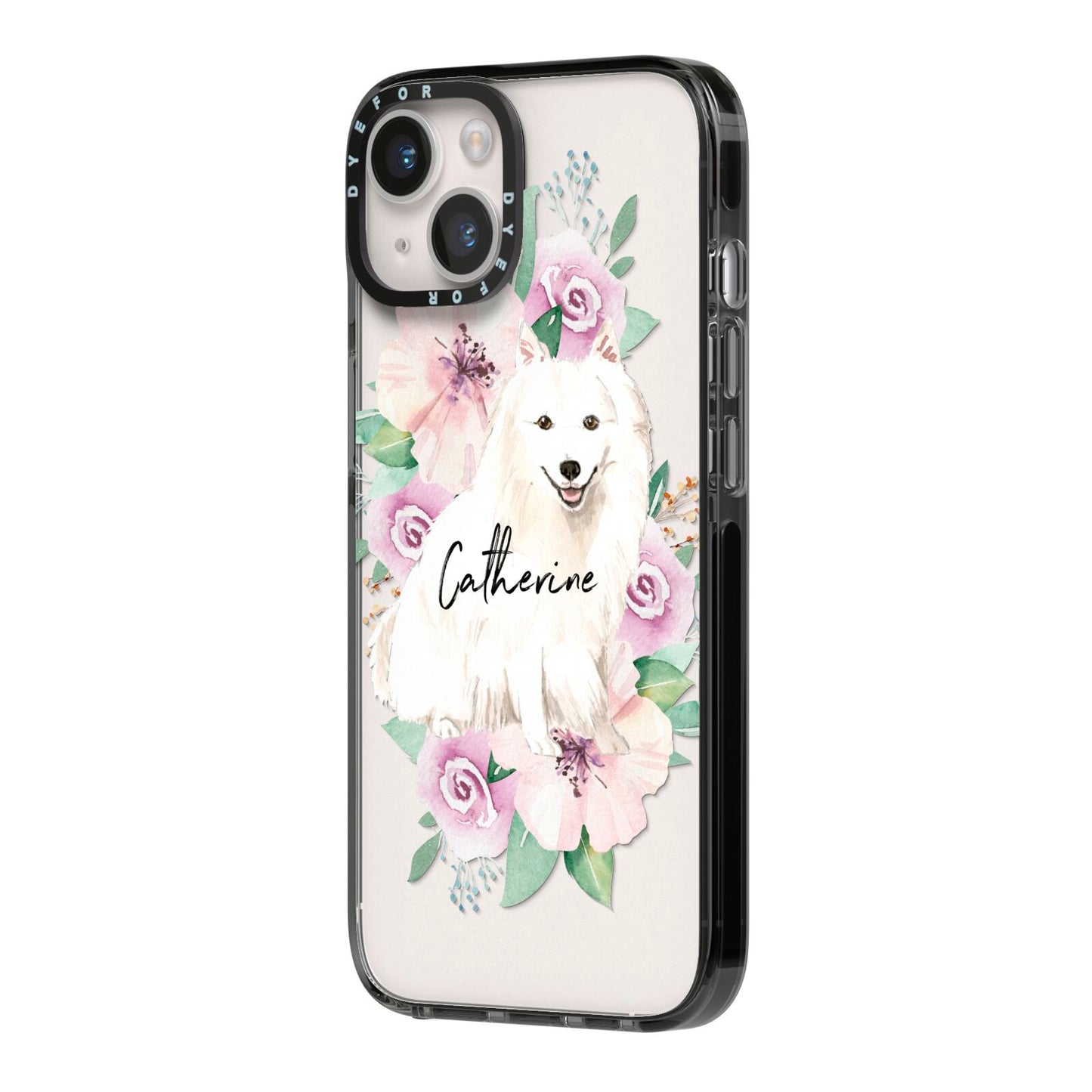 Personalised Japanese Spitz iPhone 14 Black Impact Case Side Angle on Silver phone