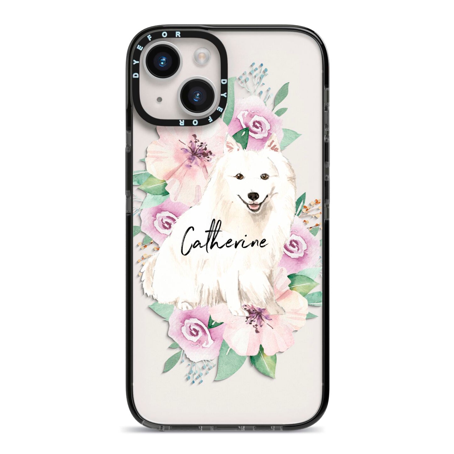 Personalised Japanese Spitz iPhone 14 Black Impact Case on Silver phone