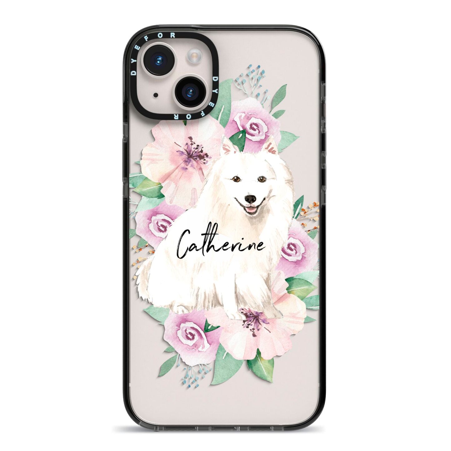 Personalised Japanese Spitz iPhone 14 Plus Black Impact Case on Silver phone