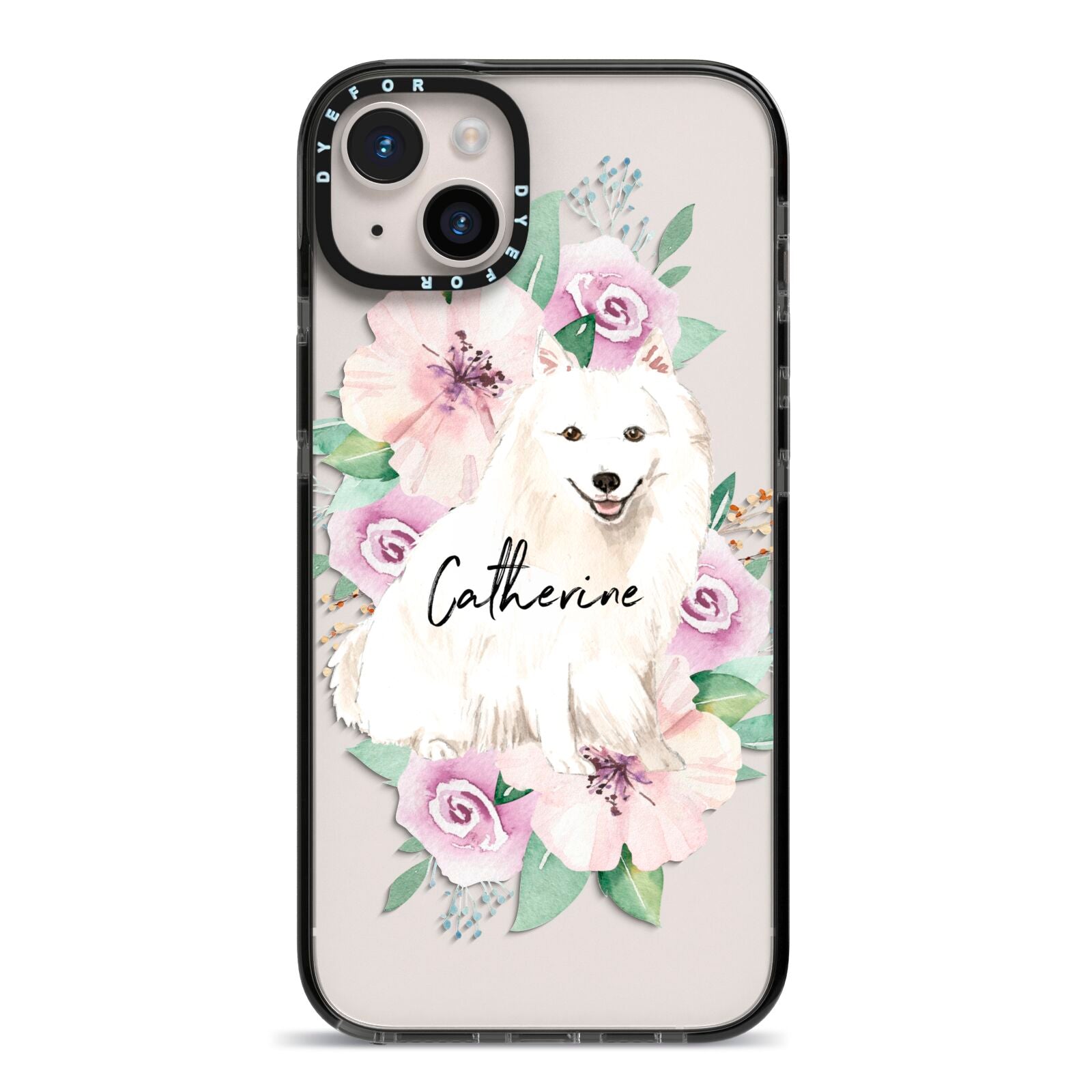 Personalised Japanese Spitz iPhone 14 Plus Black Impact Case on Silver phone