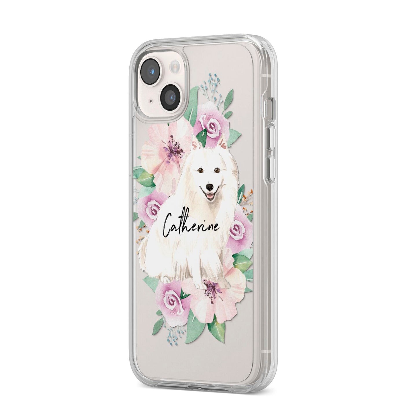 Personalised Japanese Spitz iPhone 14 Plus Clear Tough Case Starlight Angled Image