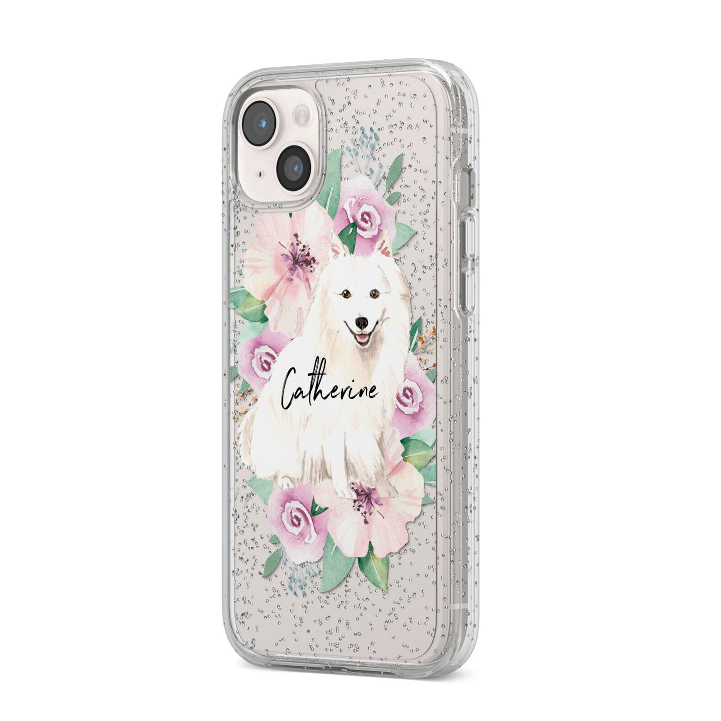 Personalised Japanese Spitz iPhone 14 Plus Glitter Tough Case Starlight Angled Image