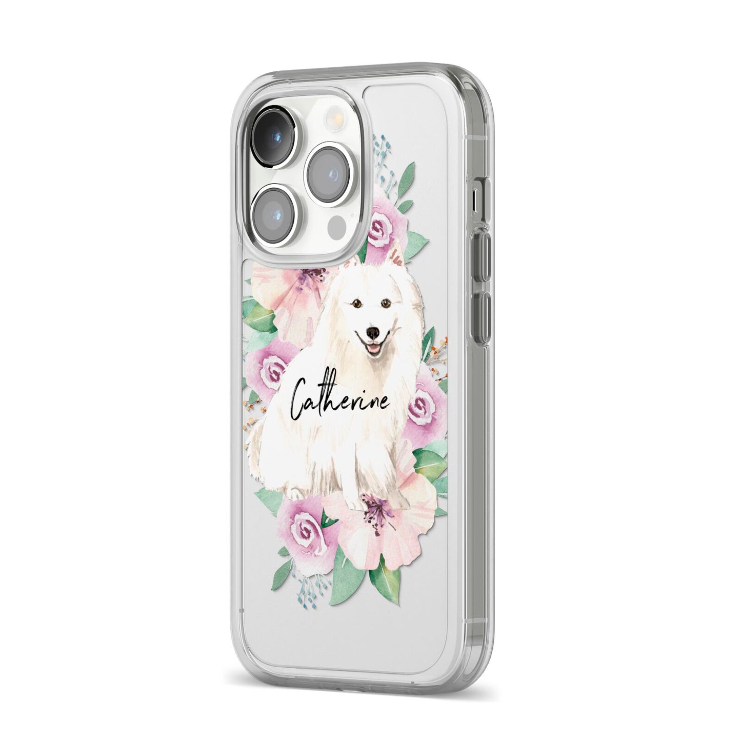 Personalised Japanese Spitz iPhone 14 Pro Clear Tough Case Silver Angled Image