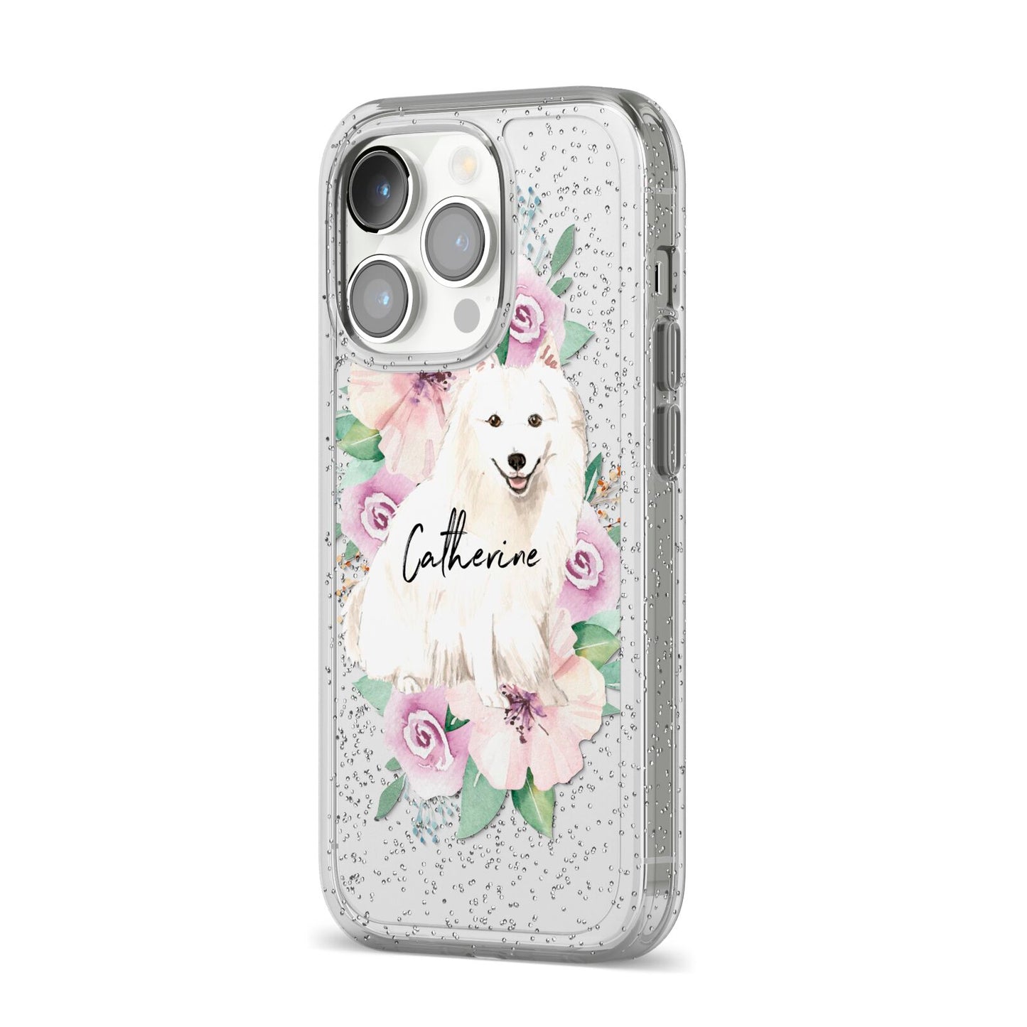 Personalised Japanese Spitz iPhone 14 Pro Glitter Tough Case Silver Angled Image