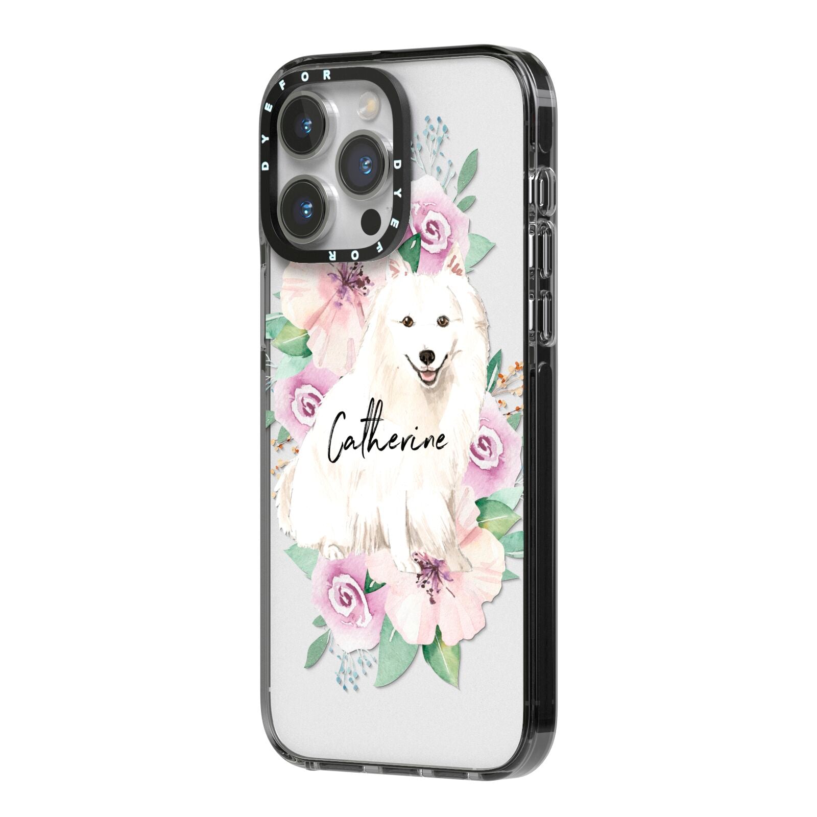 Personalised Japanese Spitz iPhone 14 Pro Max Black Impact Case Side Angle on Silver phone