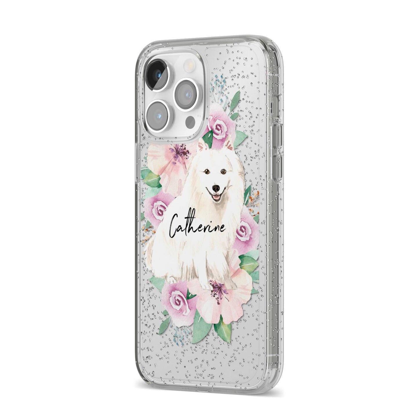 Personalised Japanese Spitz iPhone 14 Pro Max Glitter Tough Case Silver Angled Image