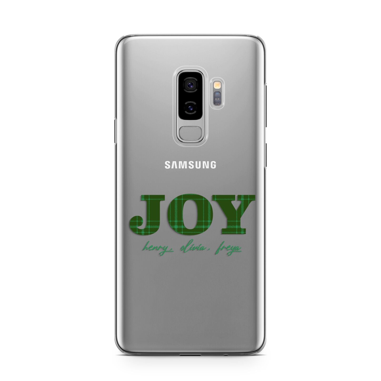 Personalised Joy Christmas Samsung Galaxy S9 Plus Case on Silver phone