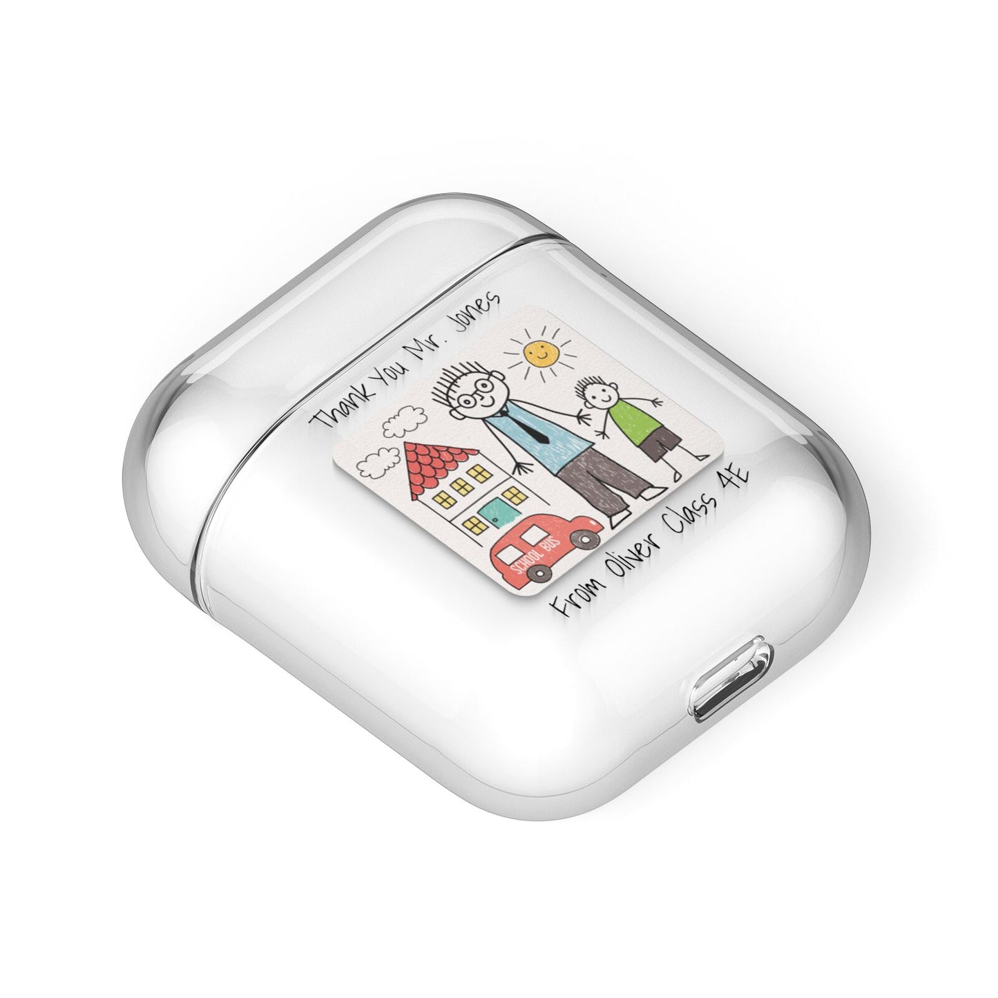 Personalised Kids Drawing Thank You Teacher AirPods Case Laid Flat