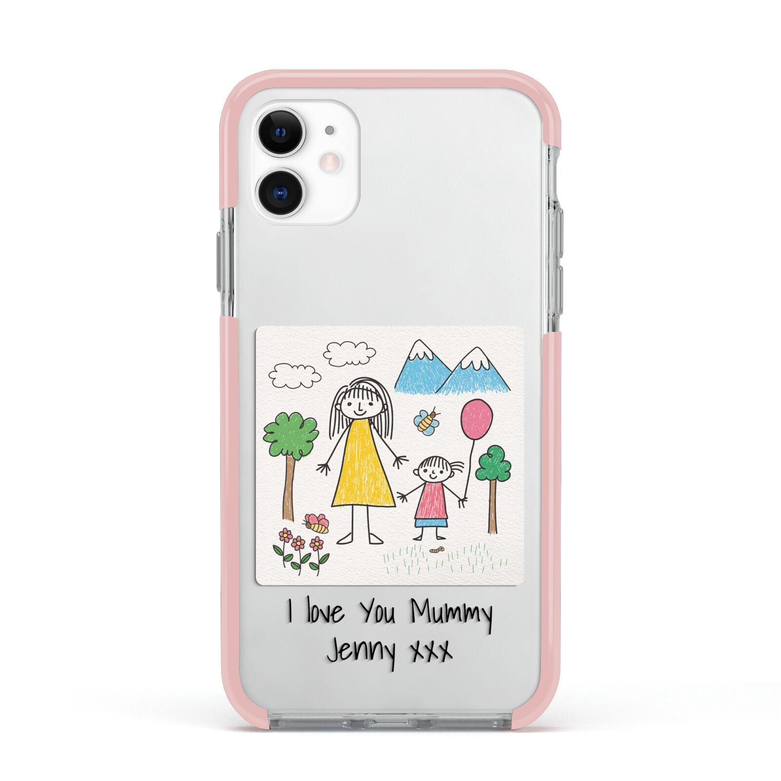 Personalised Kids Drawing Upload Apple iPhone 11 in White with Pink Impact Case