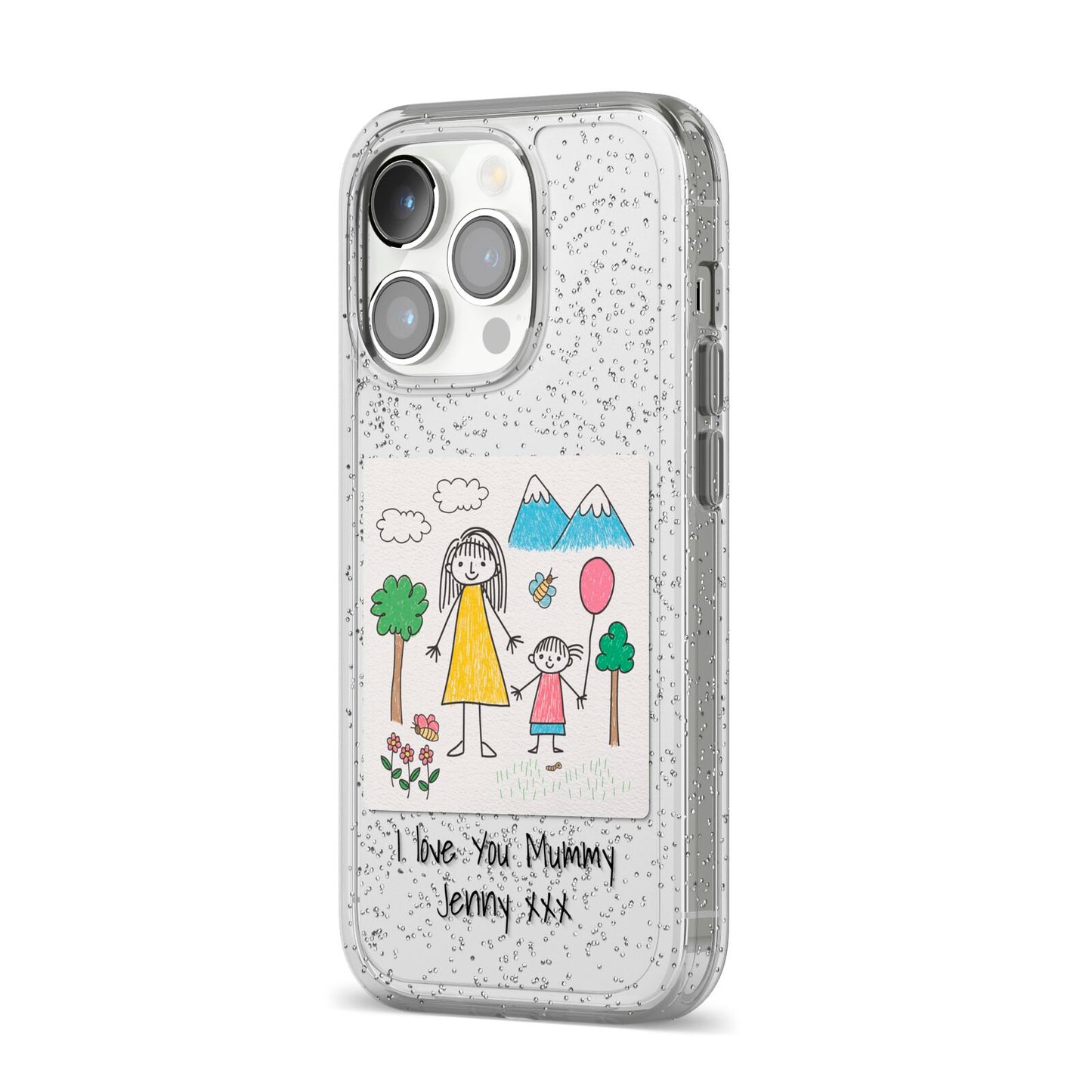Personalised Kids Drawing Upload iPhone 14 Pro Glitter Tough Case Silver Angled Image