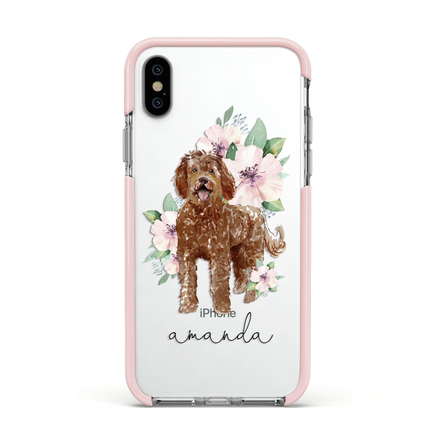 Personalised Labradoodle Apple iPhone Xs Impact Case Pink Edge on Silver Phone