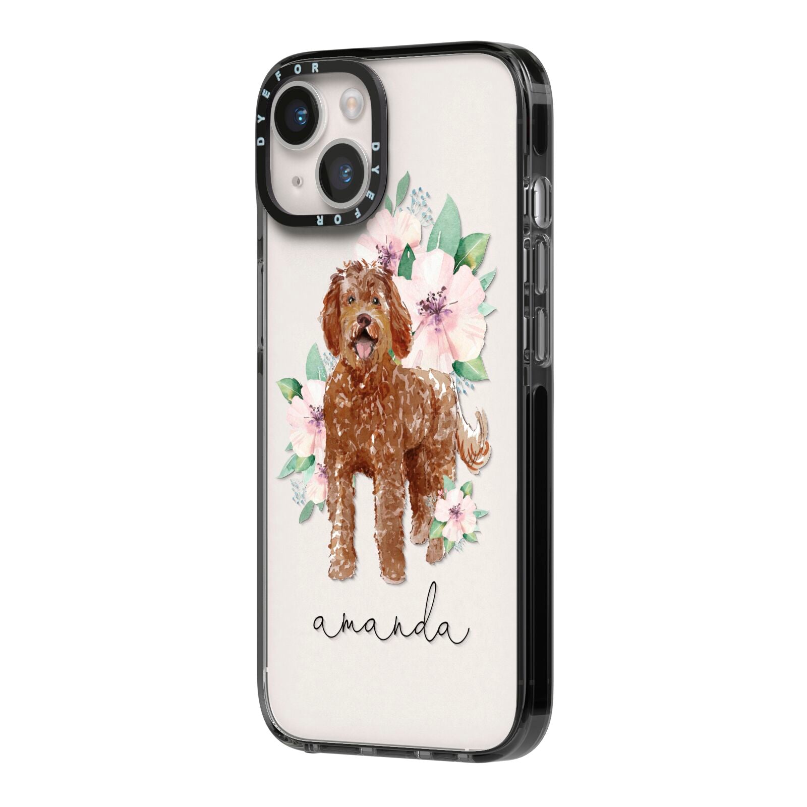 Personalised Labradoodle iPhone 14 Black Impact Case Side Angle on Silver phone