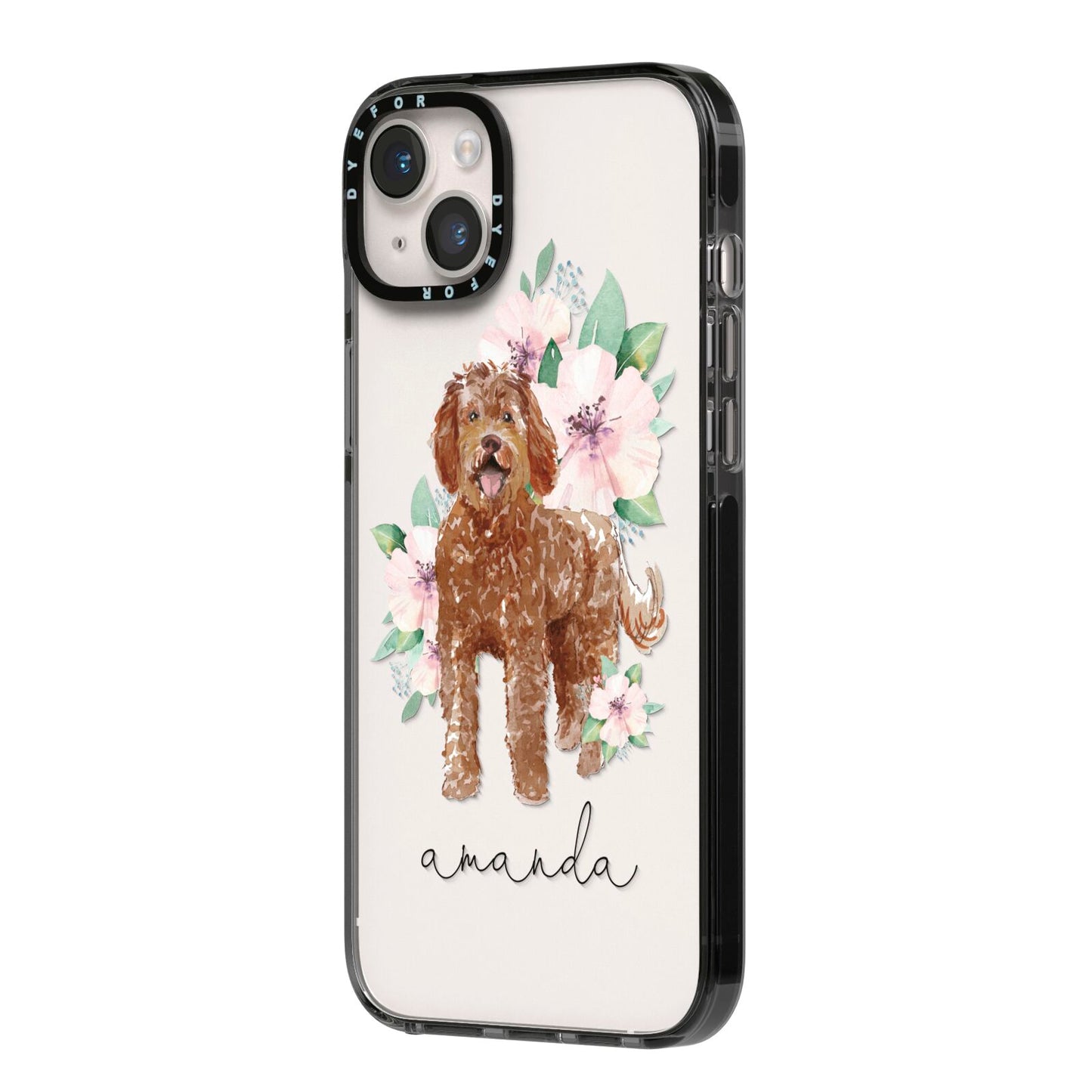 Personalised Labradoodle iPhone 14 Plus Black Impact Case Side Angle on Silver phone
