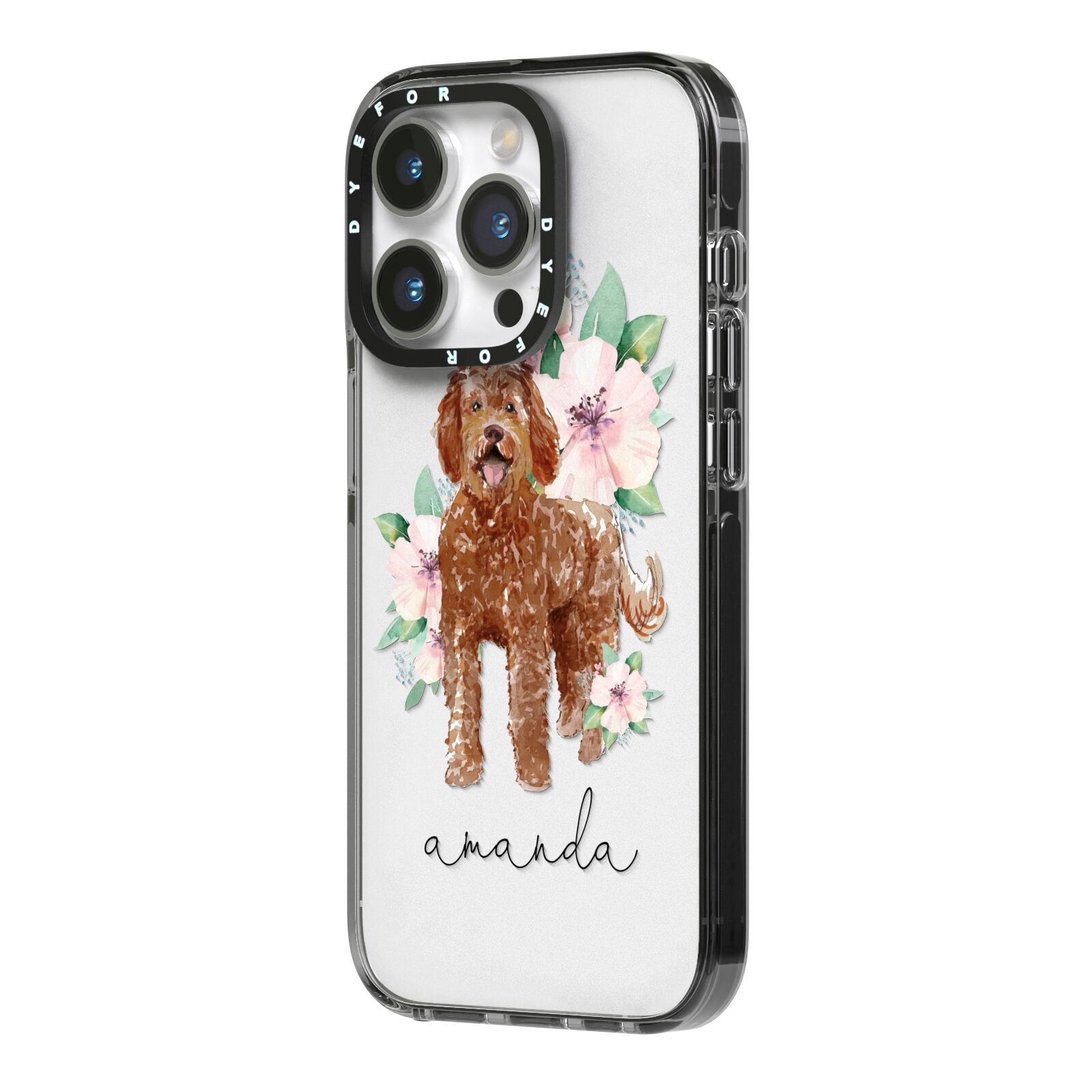 Personalised Labradoodle iPhone 14 Pro Black Impact Case Side Angle on Silver phone