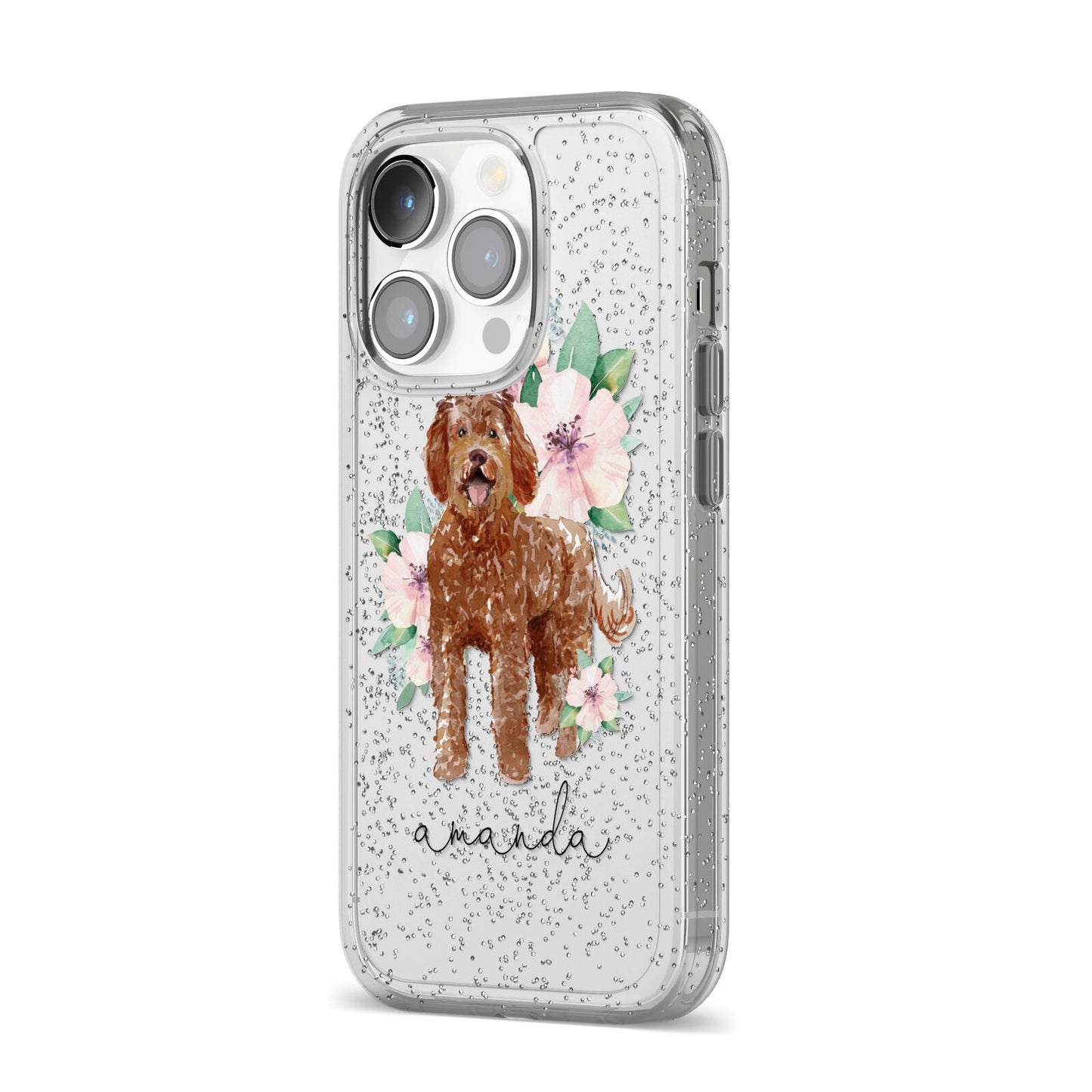 Personalised Labradoodle iPhone 14 Pro Glitter Tough Case Silver Angled Image