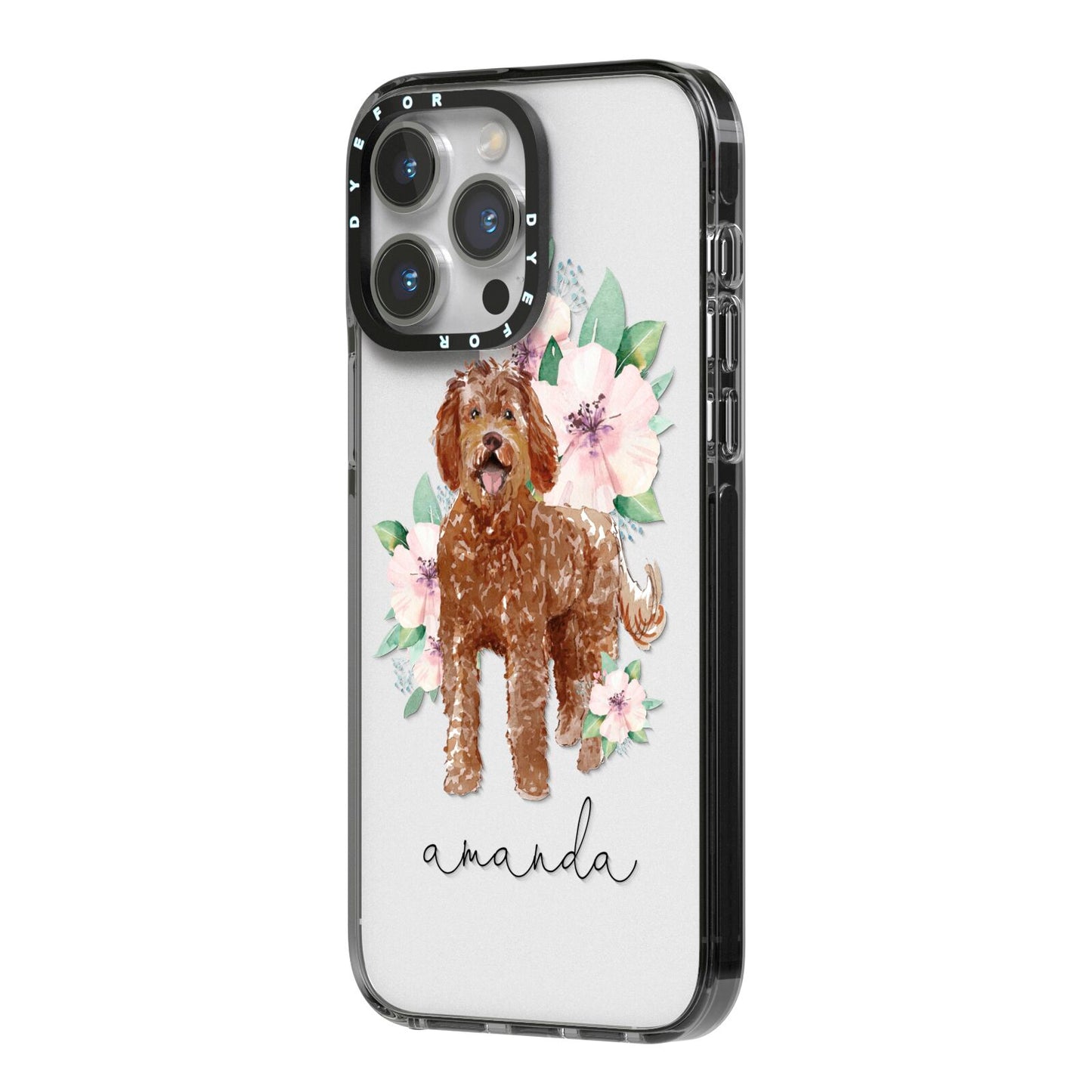 Personalised Labradoodle iPhone 14 Pro Max Black Impact Case Side Angle on Silver phone